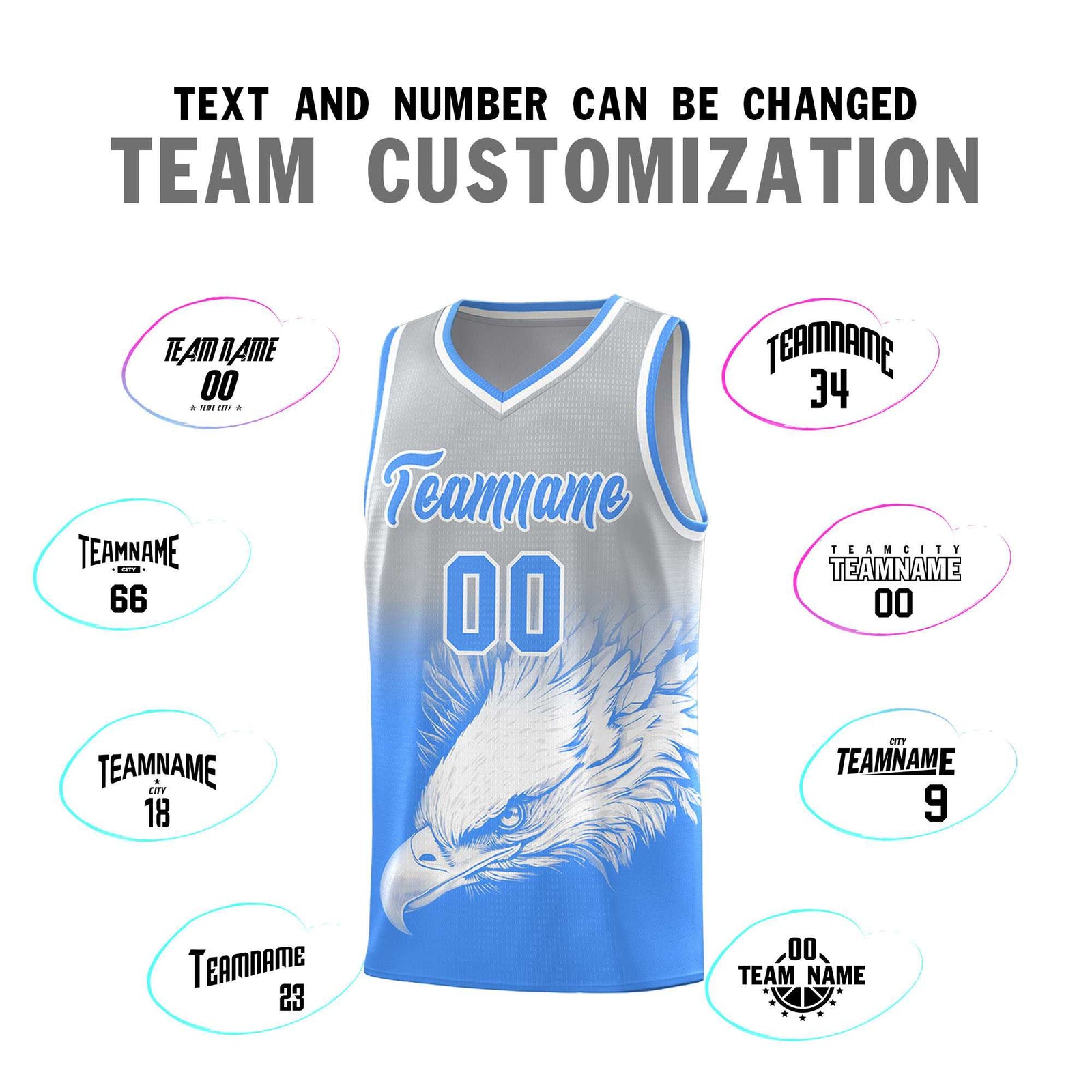 Custom Gray Powder Blue Eagle Pattern Graffiti Pattern Sports Uniform Basketball Jersey