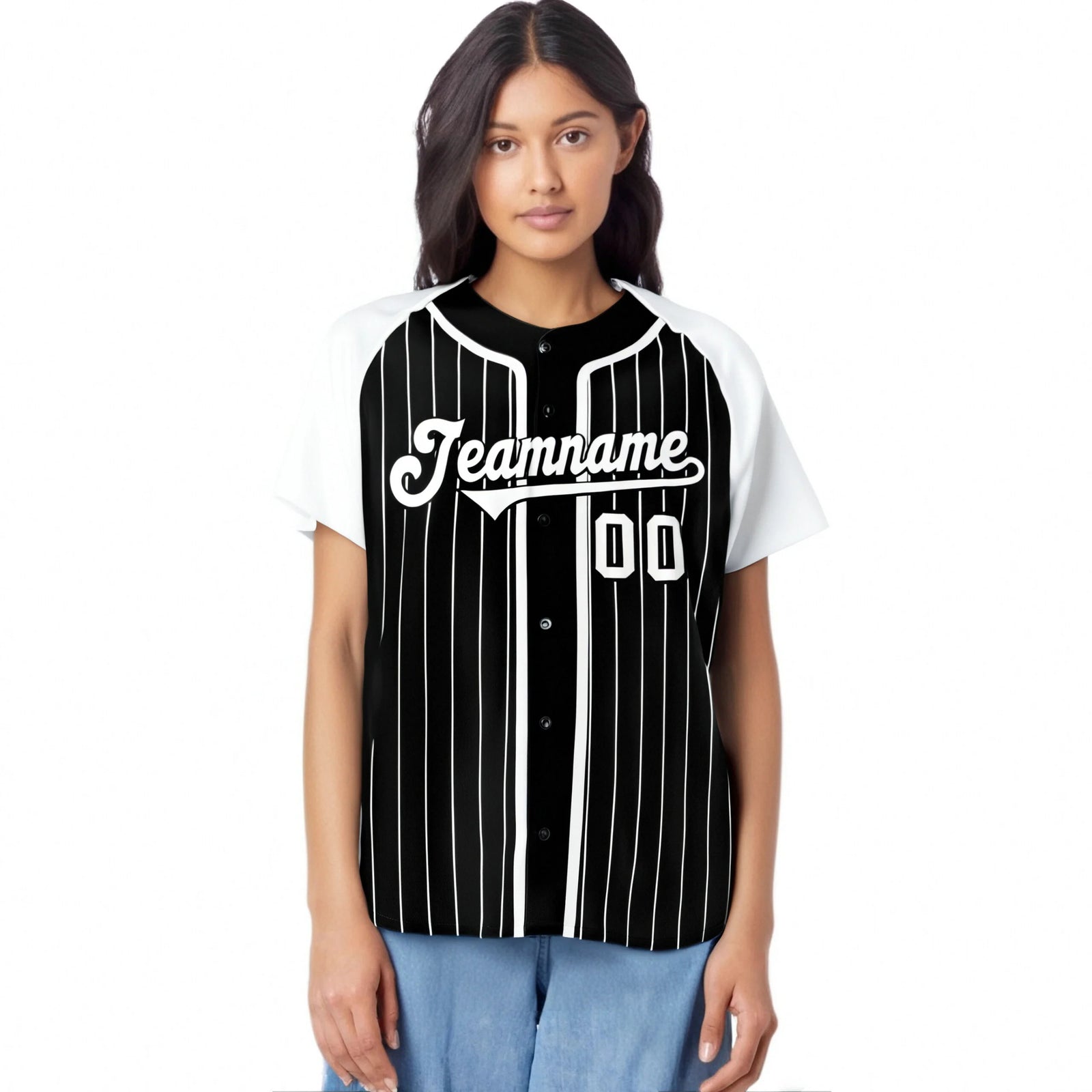 Custom Black White Pinstripe Gray-White Authentic Raglan Sleeves Baseball Jersey