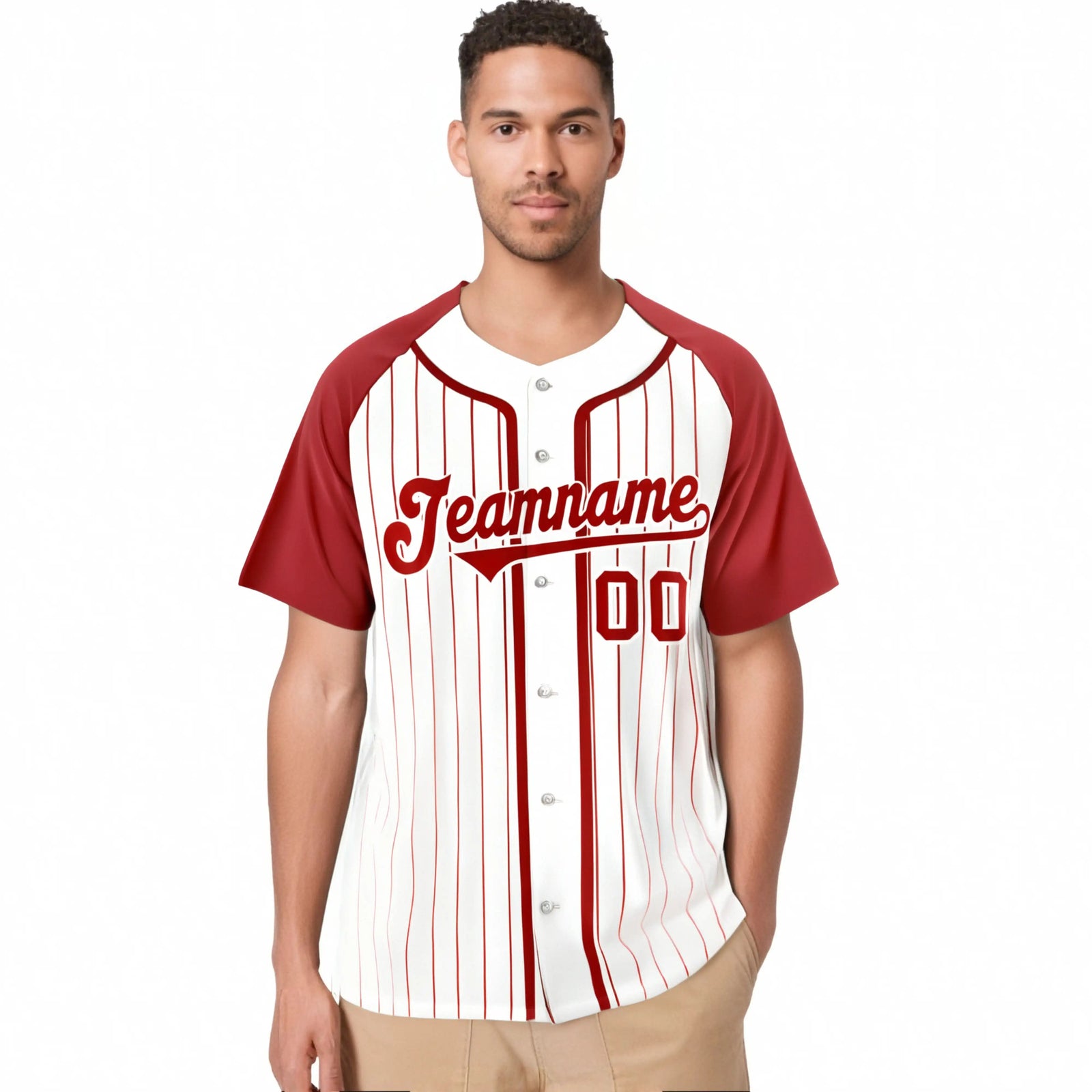 Custom White Red Pinstripe Red-White Authentic Raglan Sleeves Baseball Jersey