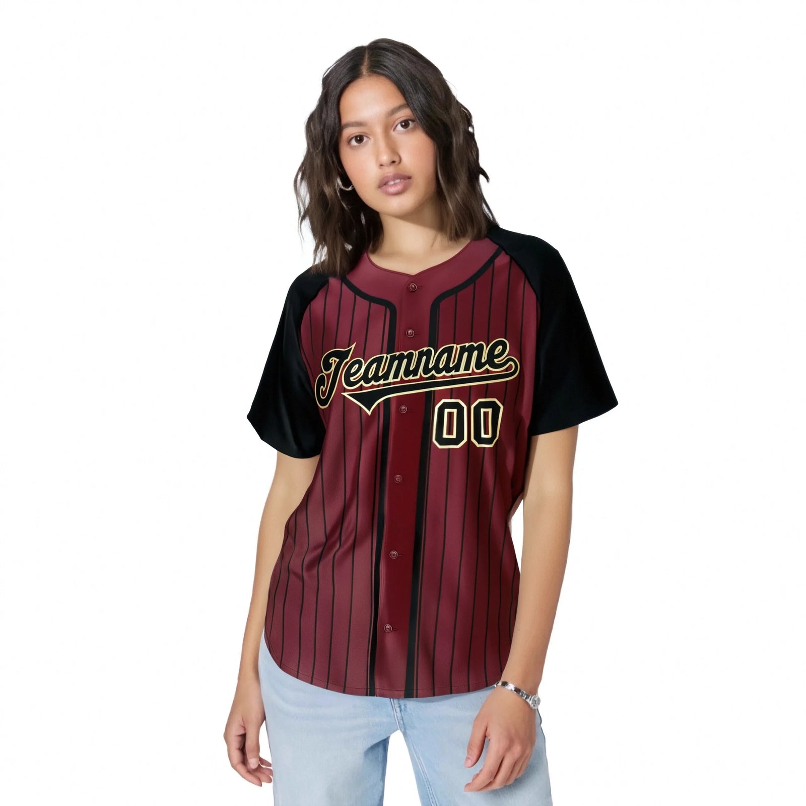 Custom Burgundy Black Pinstripe Black-Yellow Authentic Raglan Sleeves Baseball Jersey