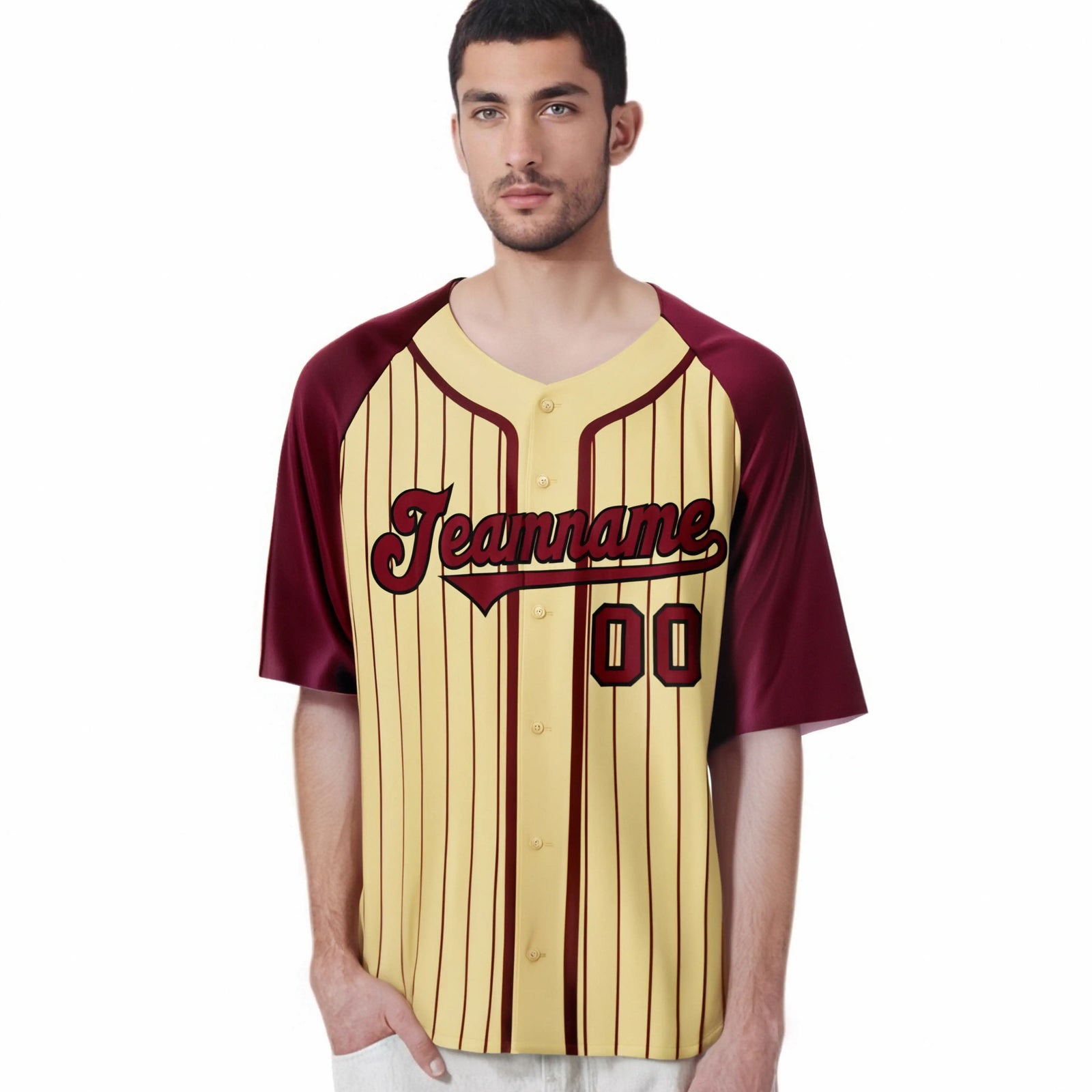 Custom Cream Burgundy Pinstripe Burgundy-Black Authentic Raglan Sleeves Baseball Jersey