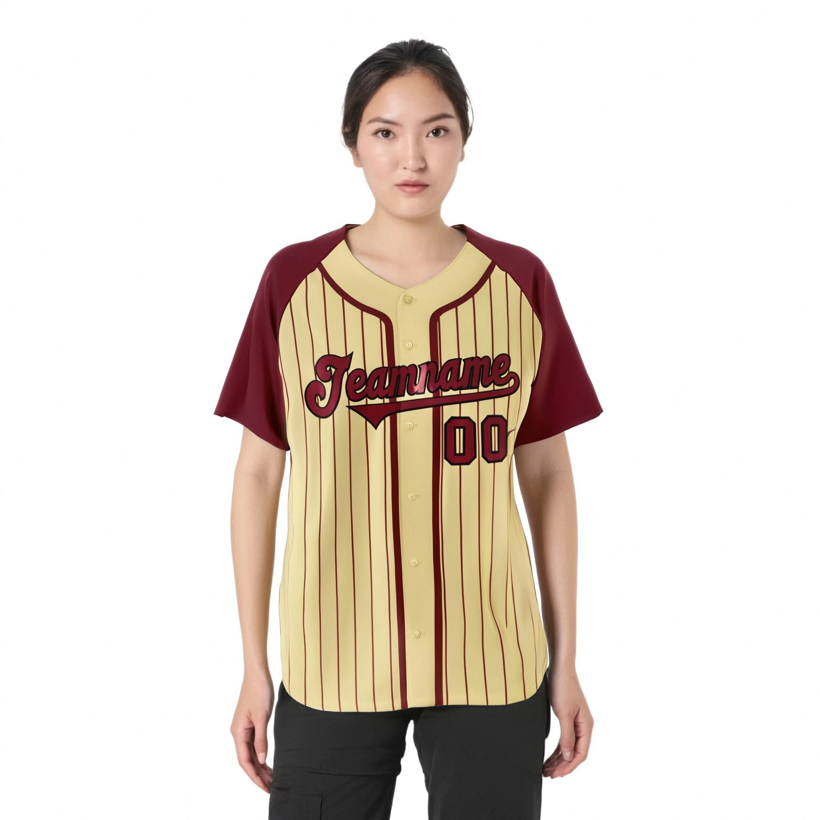 Custom Cream Burgundy Pinstripe Burgundy-Black Authentic Raglan Sleeves Baseball Jersey