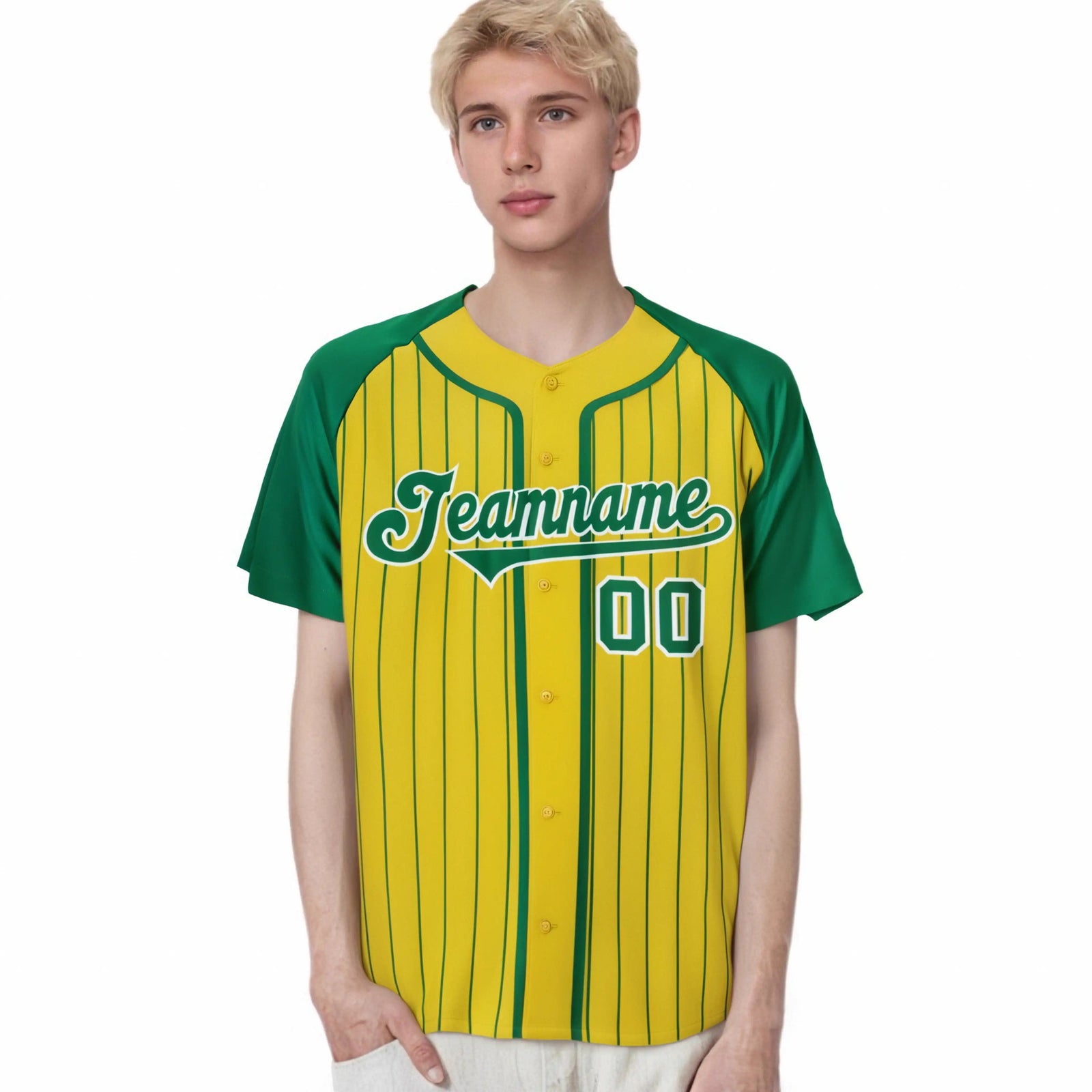 Custom Yellow Kelly Green Pinstripe Kelly Green White Authentic Raglan Sleeves Baseball Jersey