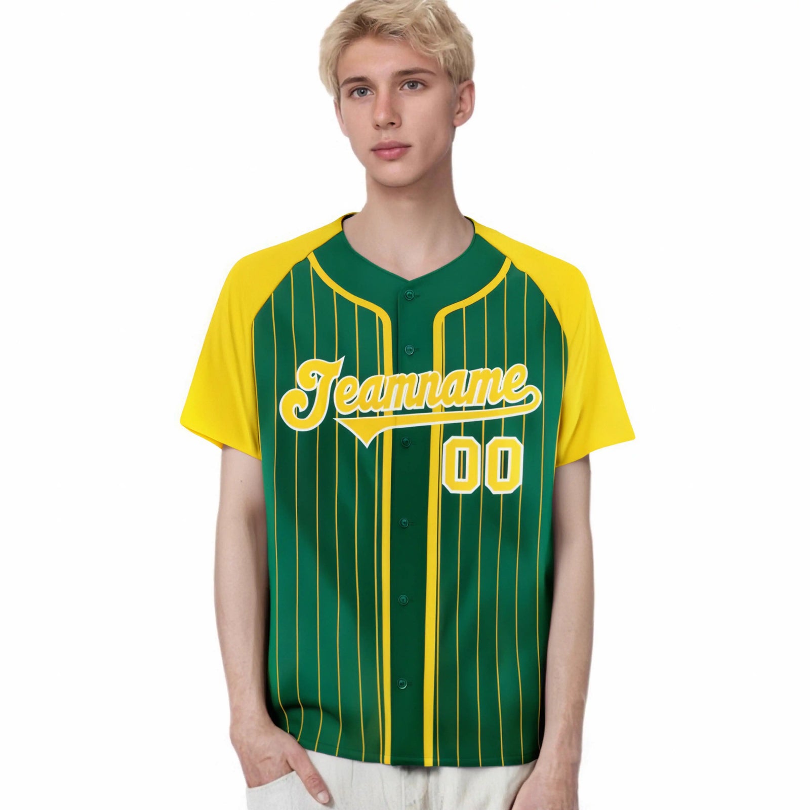 Custom Kelly Green Yellow Pinstripe Yellow-White Authentic Raglan Sleeves Baseball Jersey