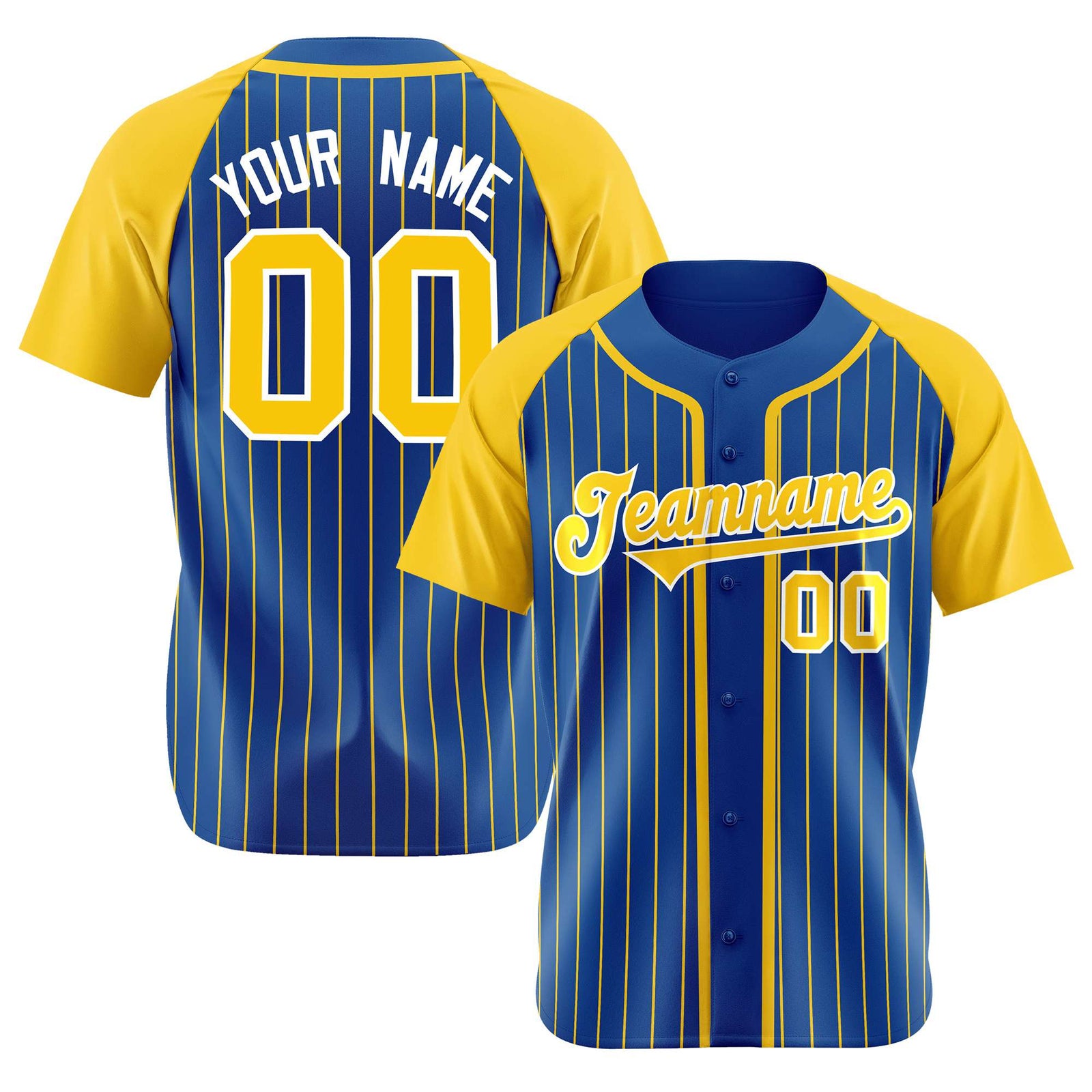 Custom Blue Yellow Pinstripe Yellow-White Authentic Raglan Sleeves Baseball Jersey