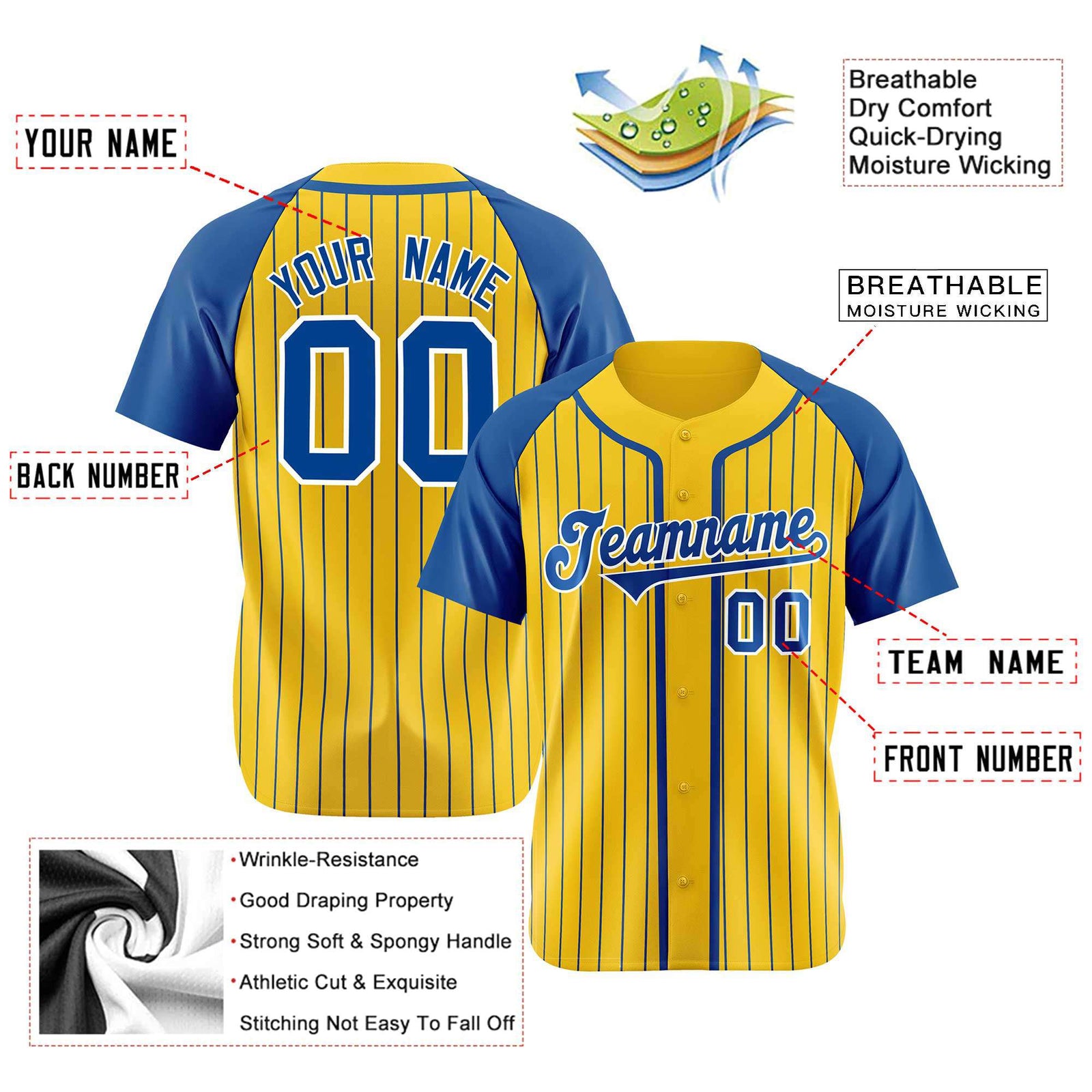 Custom Yellow Blue Pinstripe Blue-White Authentic Raglan Sleeves Baseball Jersey