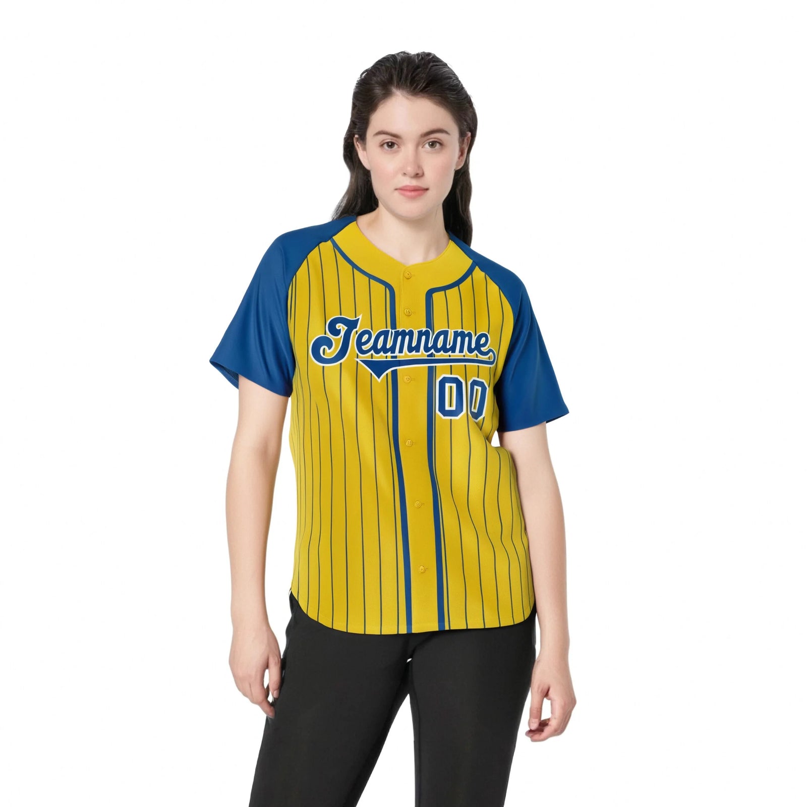 Custom Yellow Blue Pinstripe Blue-White Authentic Raglan Sleeves Baseball Jersey