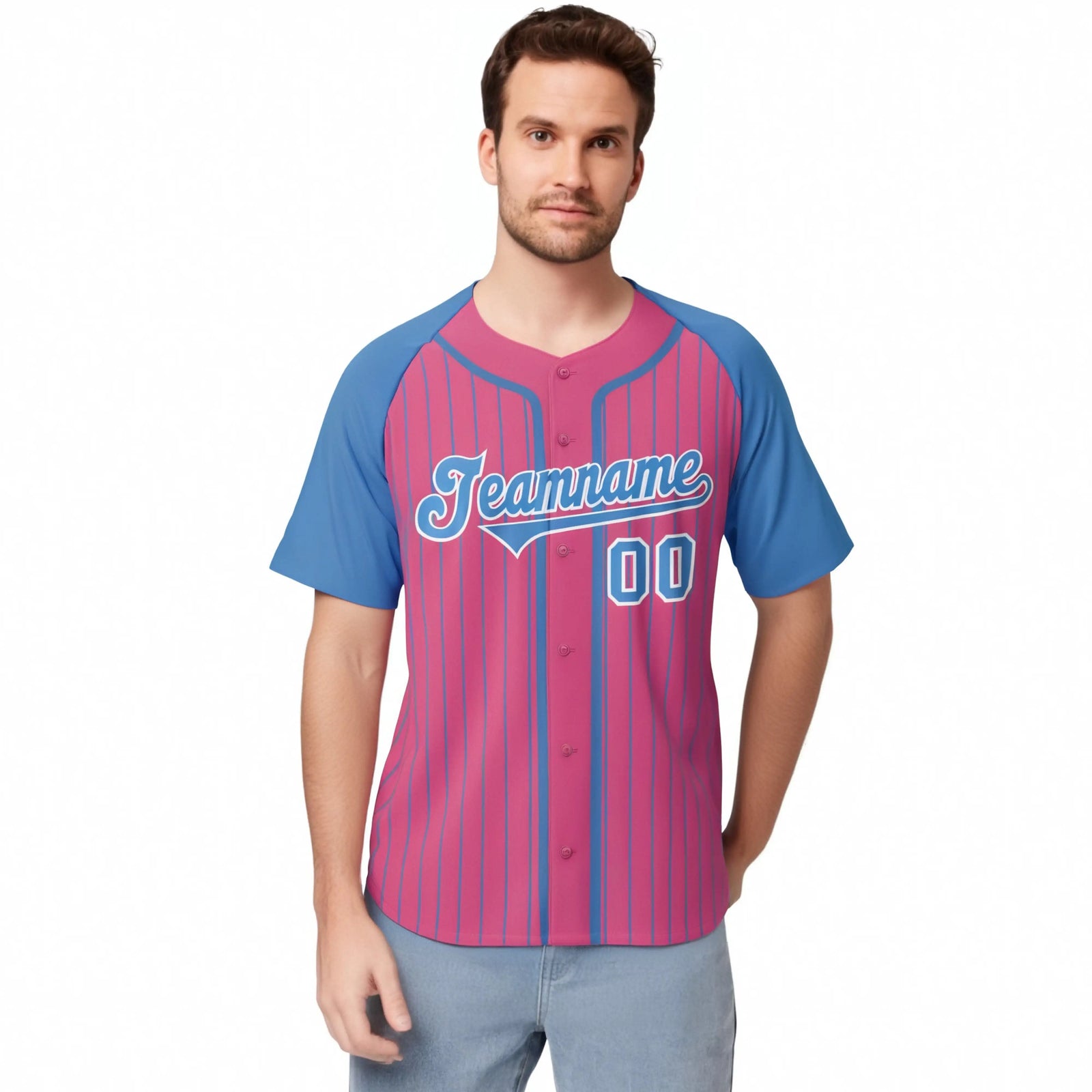 Custom Pink Powder Blue Pinstripe Powder-Blue White Authentic Raglan Sleeves Baseball Jersey