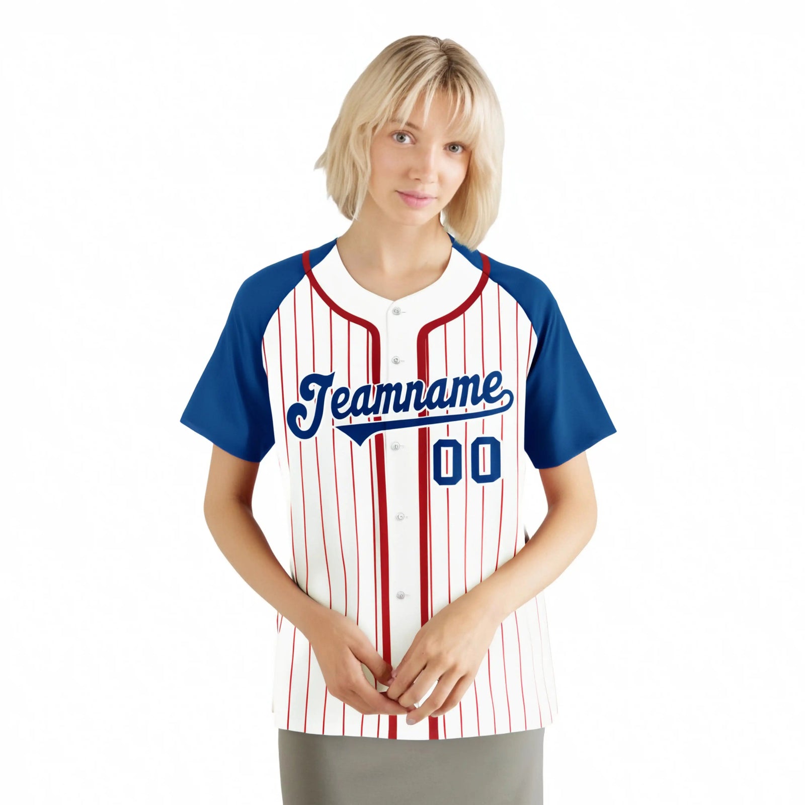 Custom White Blue Pinstripe Blue-Crimson Authentic Raglan Sleeves Baseball Jersey