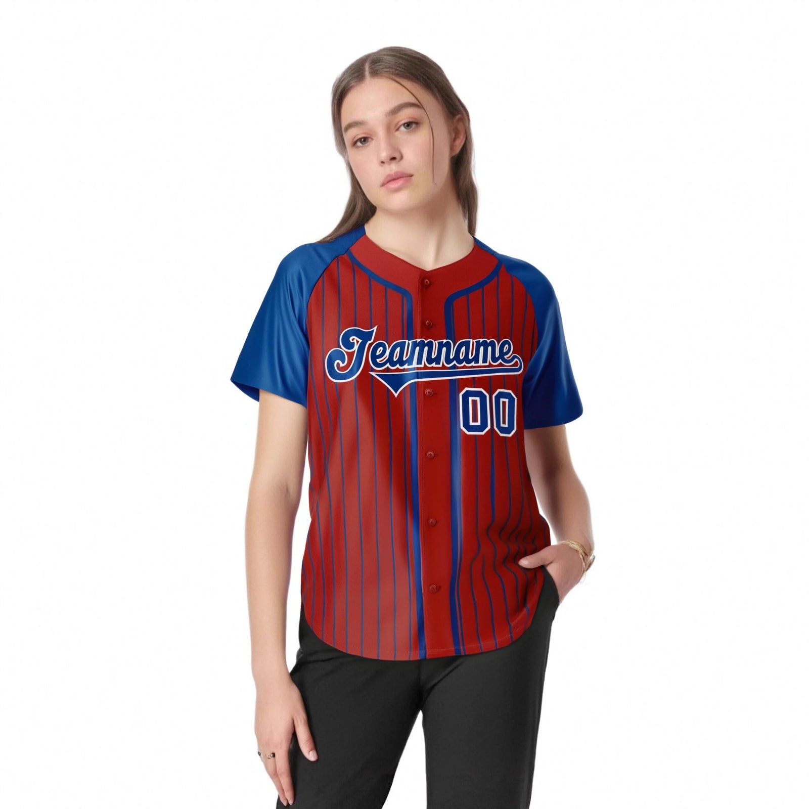 Custom Red Blue Pinstripe Blue-White Authentic Raglan Sleeves Baseball Jersey