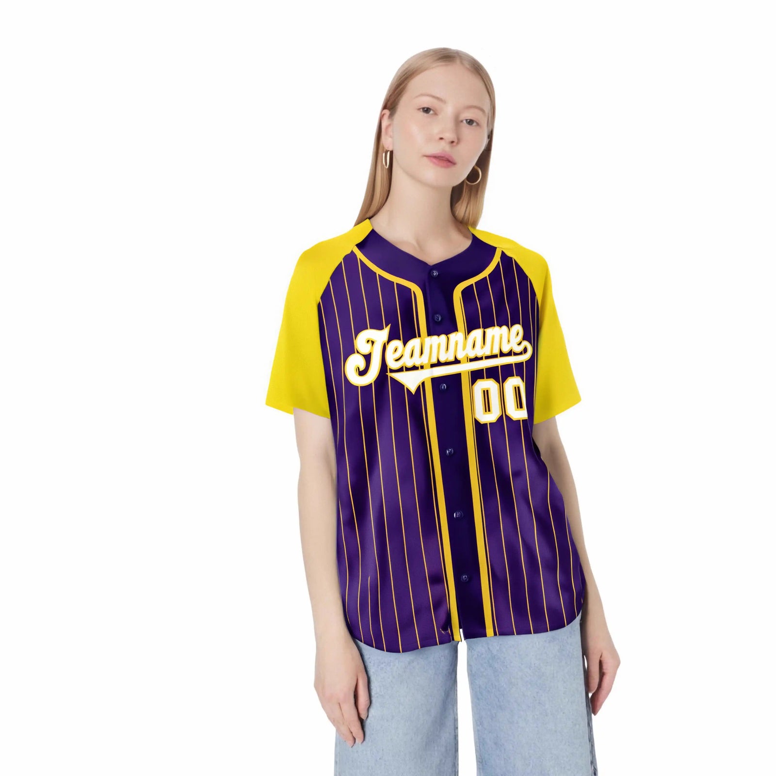Custom Purple Yellow Pinstripe Yellow-White Authentic Raglan Sleeves Baseball Jersey