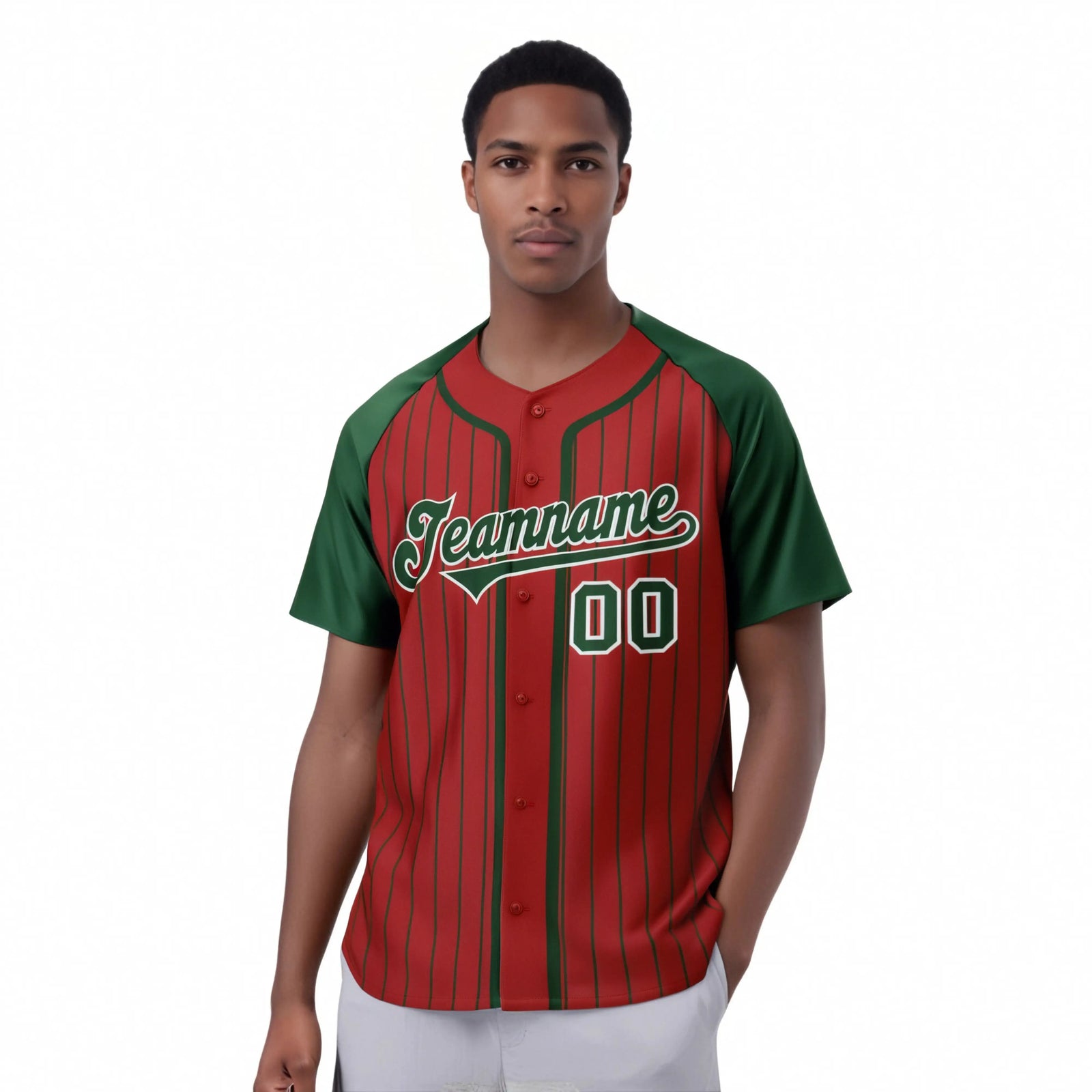 Custom Crimson Green Pinstripe Green-White Authentic Raglan Sleeves Baseball Jersey