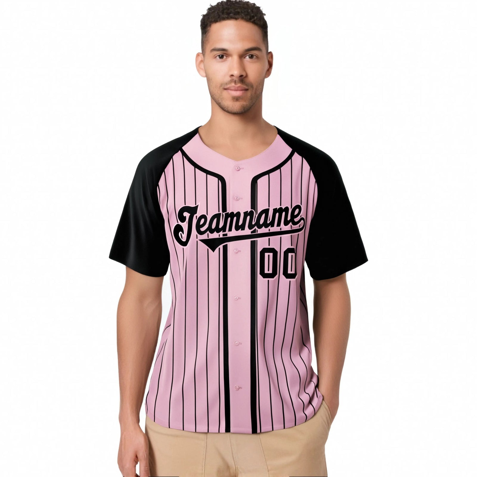 Custom Pink Black Pinstripe Pink-Black Authentic Raglan Sleeves Baseball Jersey