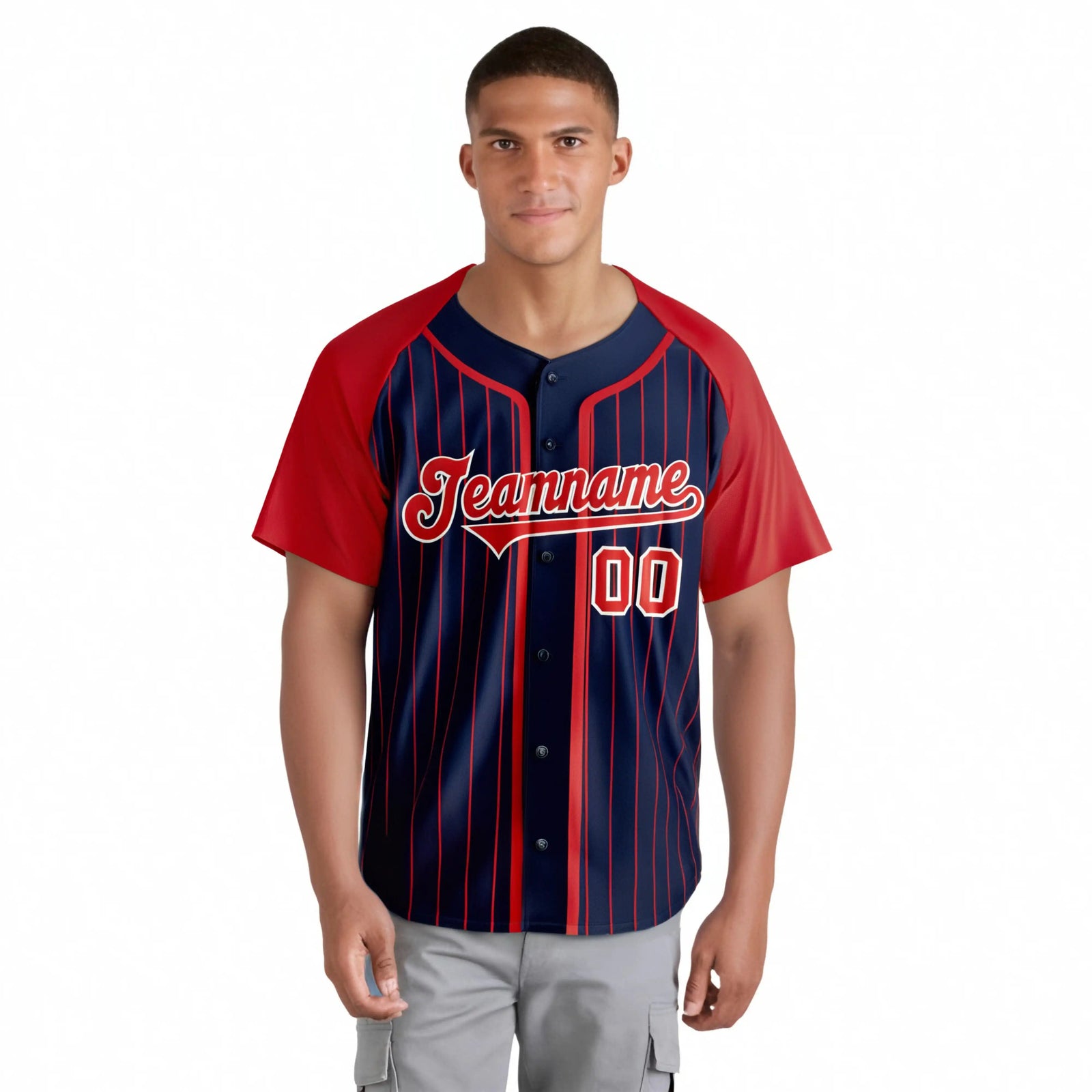 Custom Navy Red Pinstripe Red-White Authentic Raglan Sleeves Baseball Jersey