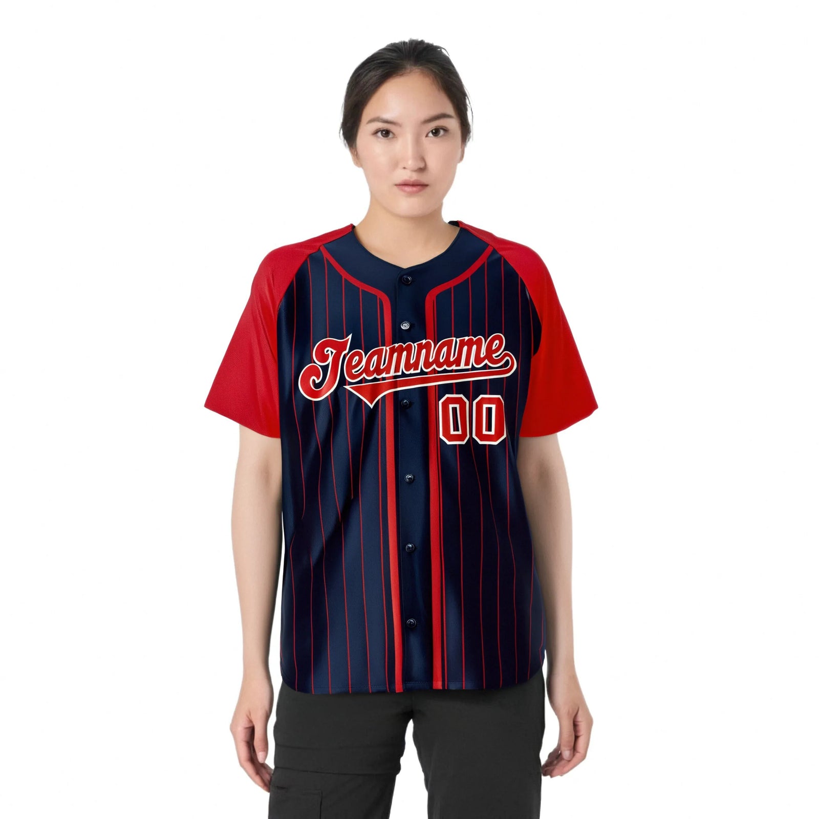 Custom Navy Red Pinstripe Red-White Authentic Raglan Sleeves Baseball Jersey