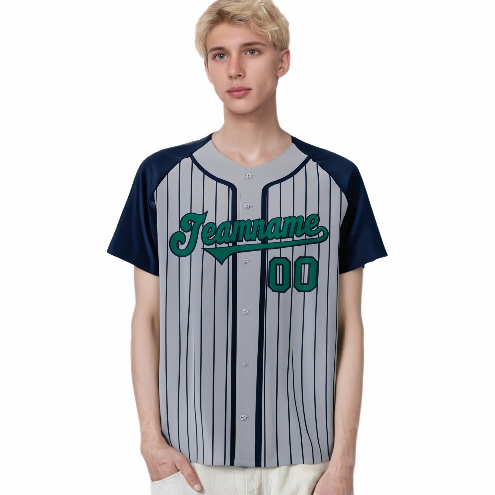 Custom Gray Navy Pinstripe Green-Navy Authentic Raglan Sleeves Baseball Jersey