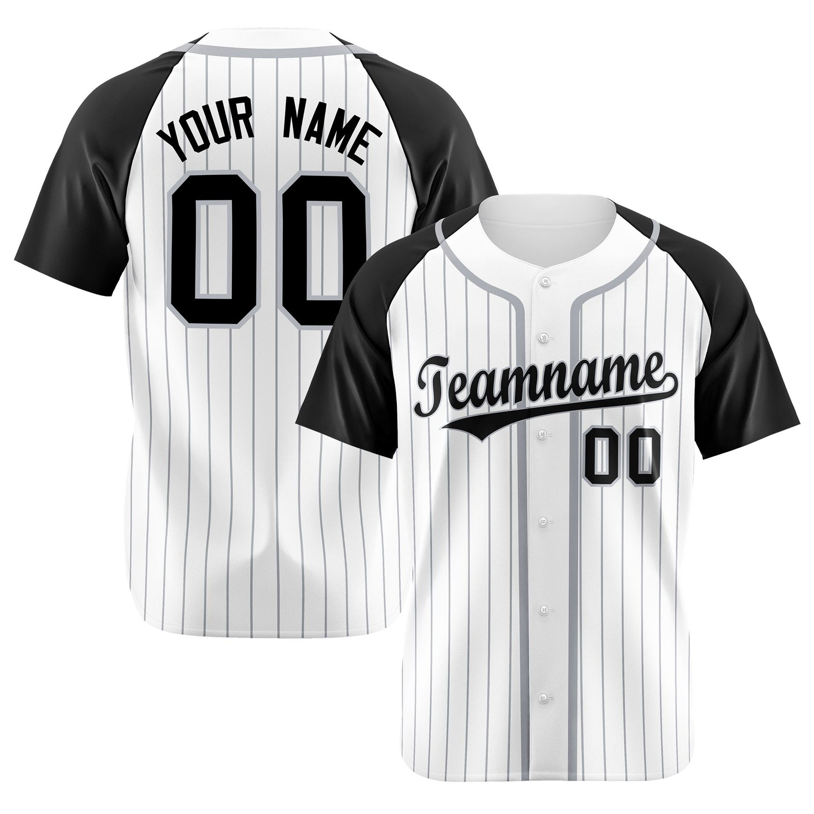 Custom White Black Pinstripe Gray-White Authentic Raglan Sleeves Baseball Jersey