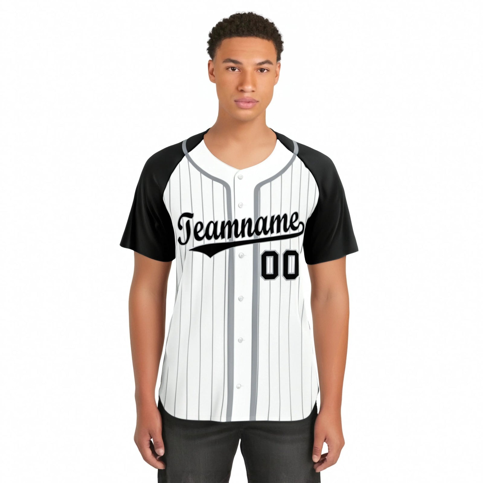 Custom White Black Pinstripe Gray-White Authentic Raglan Sleeves Baseball Jersey