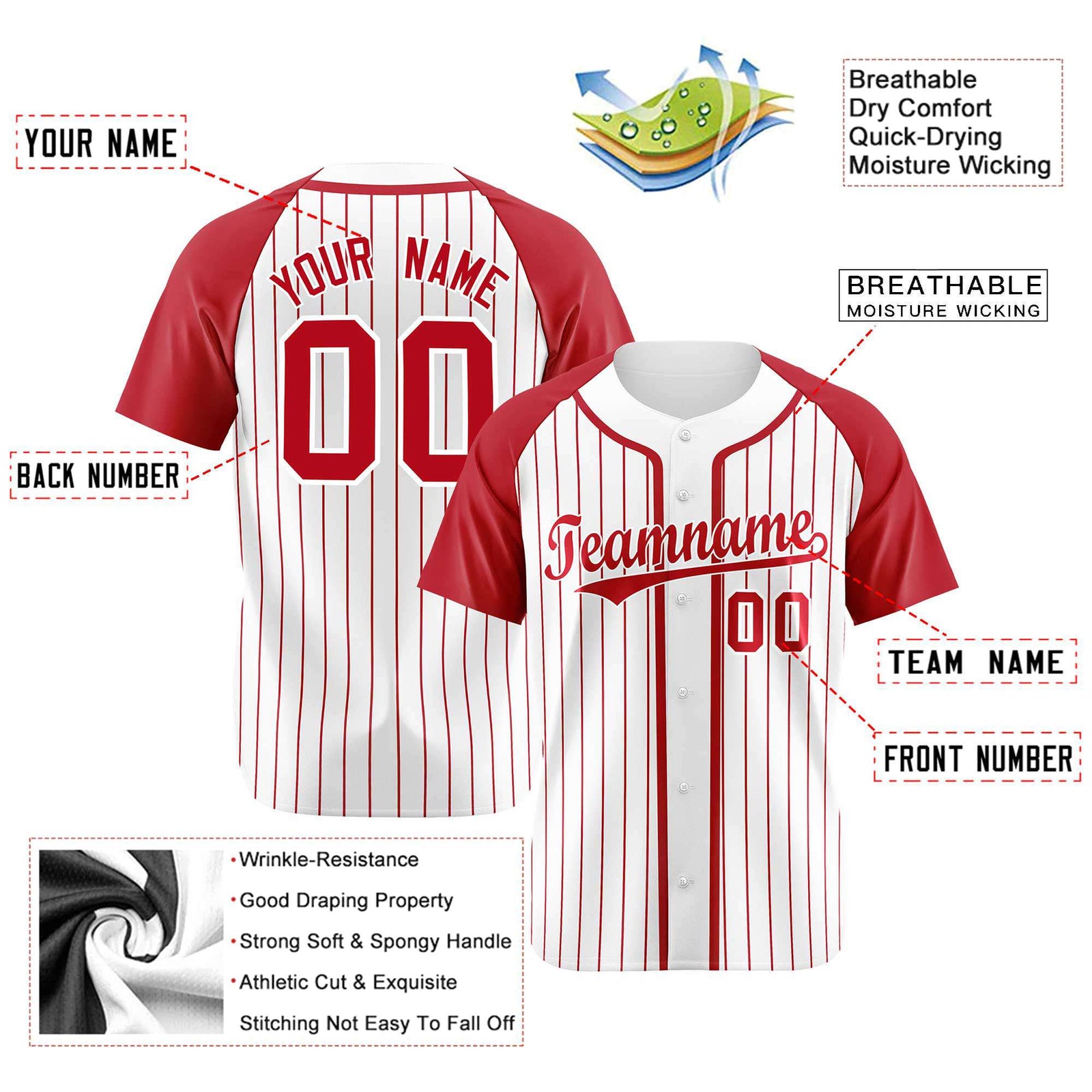 Custom White Red Pinstripe Red-White Authentic Raglan Sleeves Baseball Jersey