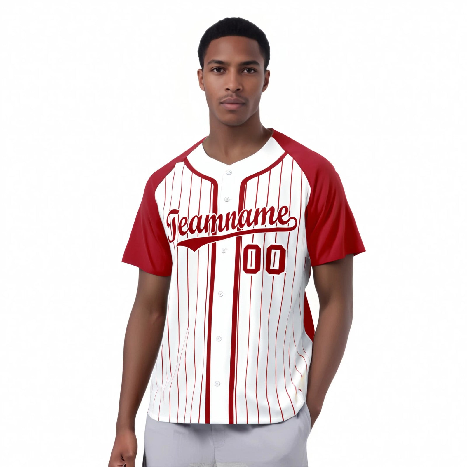 Custom White Red Pinstripe Red-White Authentic Raglan Sleeves Baseball Jersey