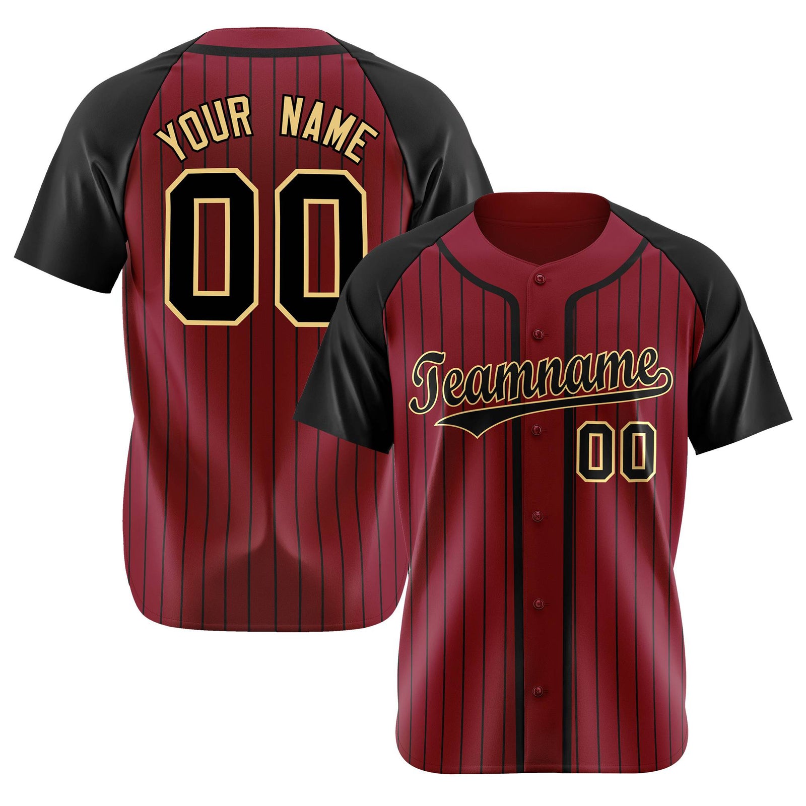 Custom Burgundy Black Pinstripe Black-Yellow Authentic Raglan Sleeves Baseball Jersey