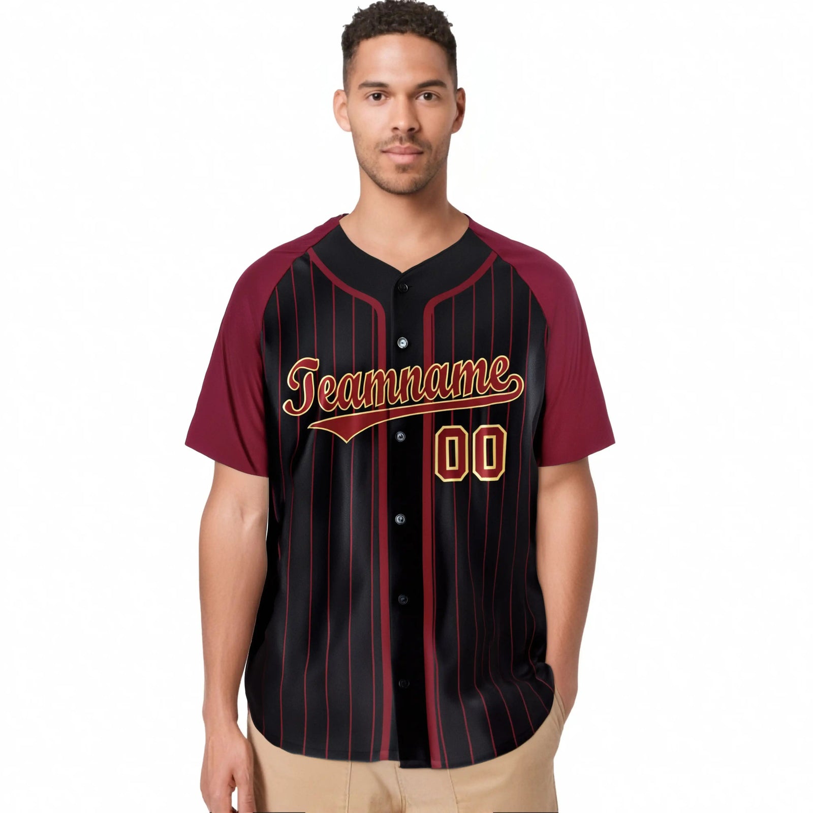Custom Black Burgundy Pinstripe Burgundy-Yellow Authentic Raglan Sleeves Baseball Jersey