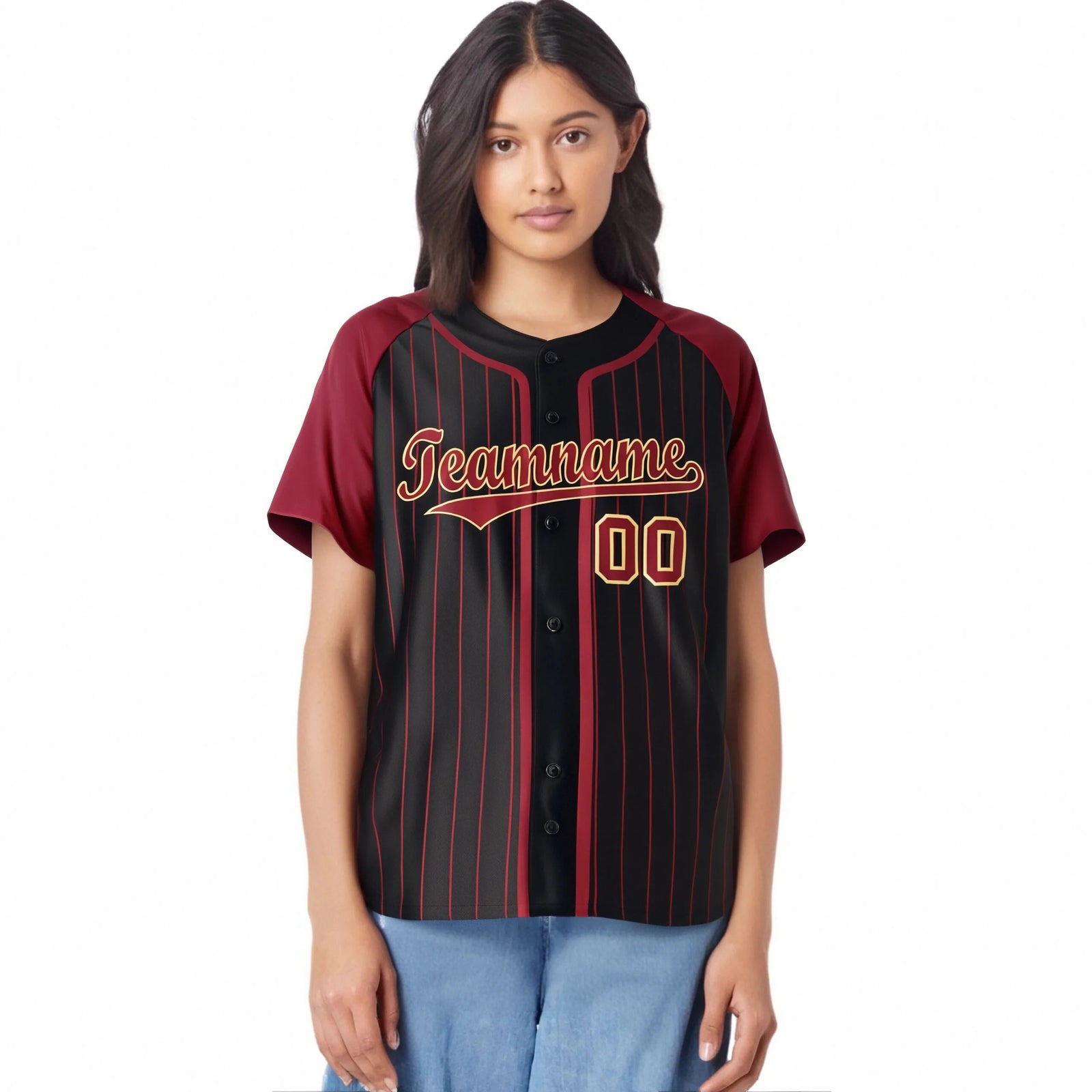 Custom Black Burgundy Pinstripe Burgundy-Yellow Authentic Raglan Sleeves Baseball Jersey