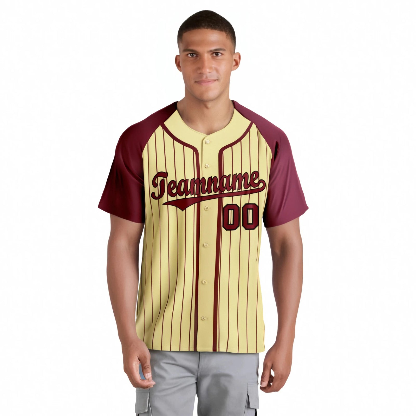 Custom Cream Burgundy Pinstripe Burgundy-Black Authentic Raglan Sleeves Baseball Jersey