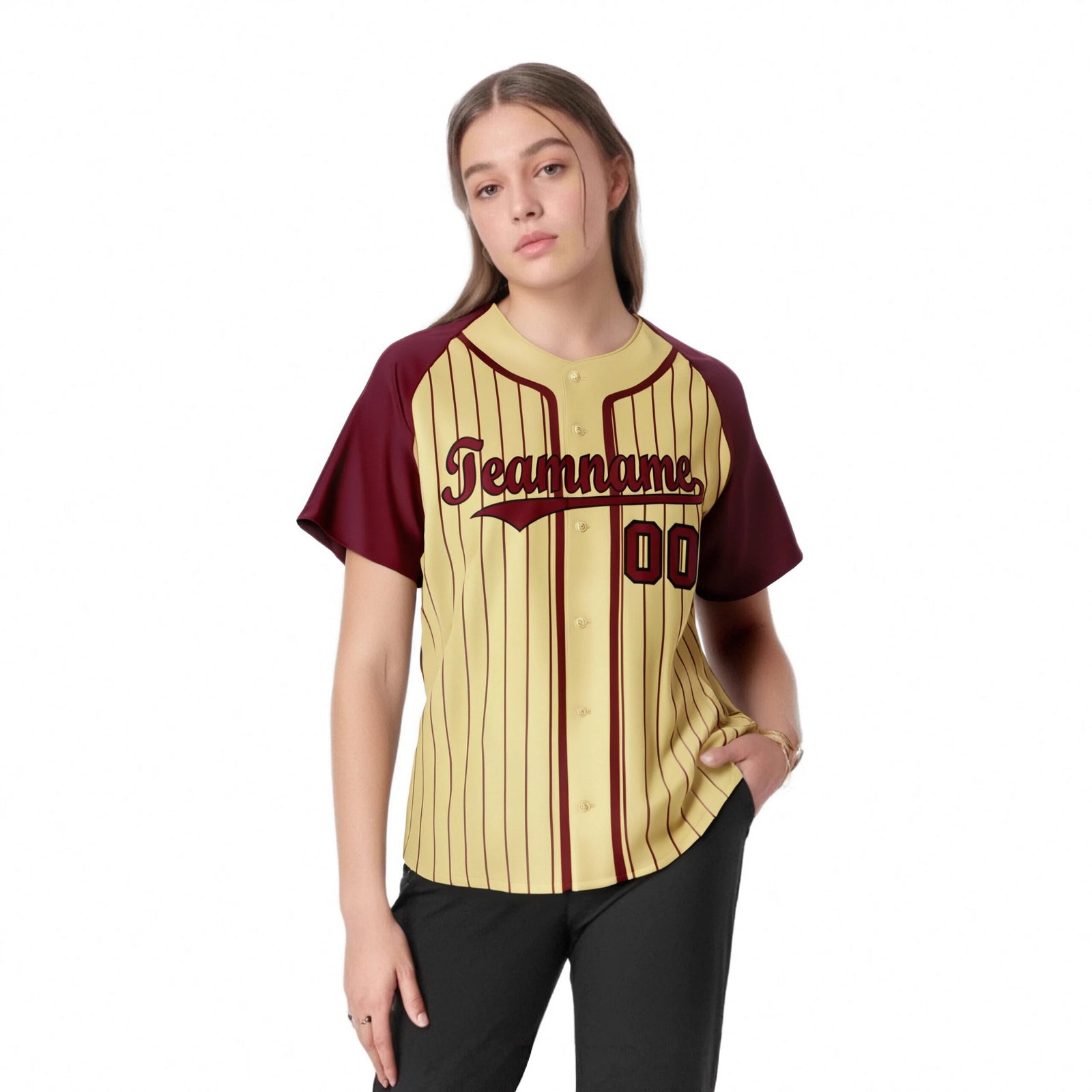 Custom Cream Burgundy Pinstripe Burgundy-Black Authentic Raglan Sleeves Baseball Jersey