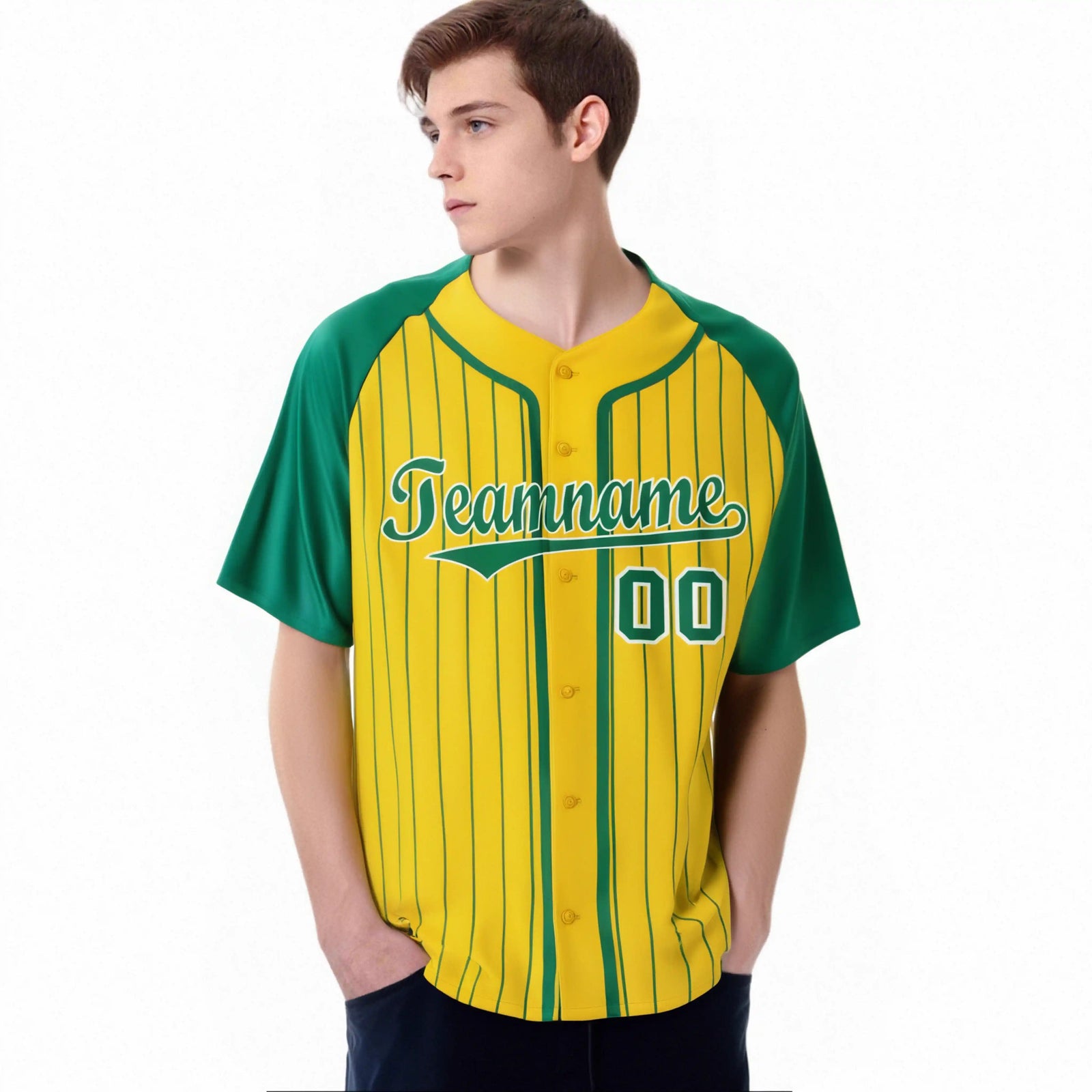 Custom Yellow Kelly Green Pinstripe Kelly Green White Authentic Raglan Sleeves Baseball Jersey