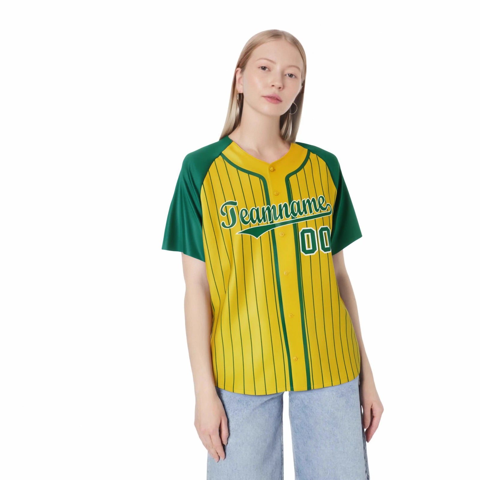 Custom Yellow Kelly Green Pinstripe Kelly Green White Authentic Raglan Sleeves Baseball Jersey