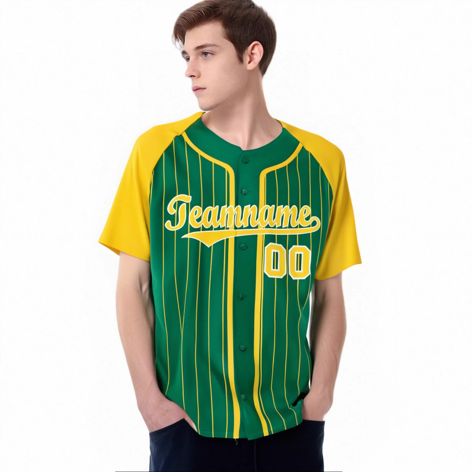 Custom Kelly Green Yellow Pinstripe Yellow-White Authentic Raglan Sleeves Baseball Jersey