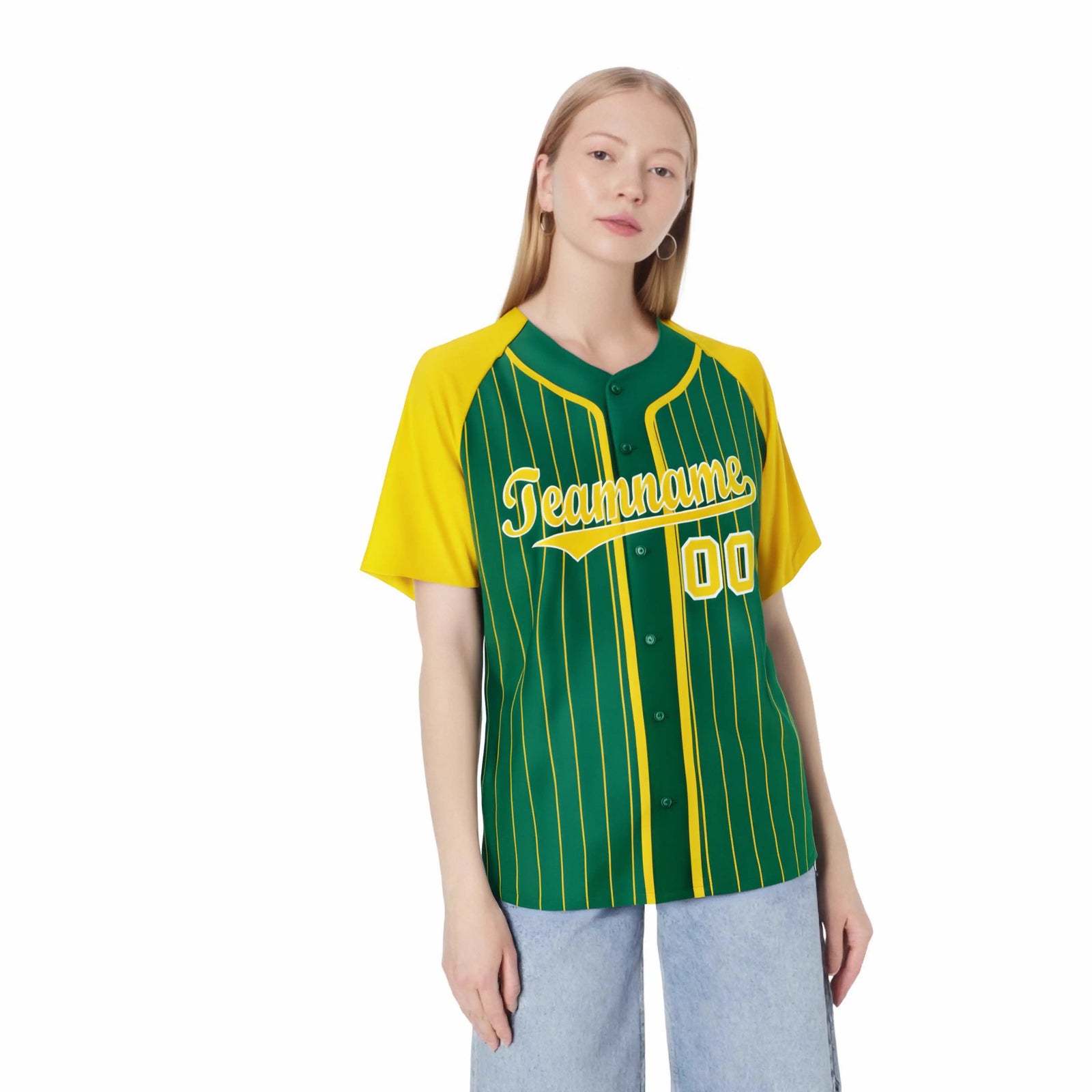 Custom Kelly Green Yellow Pinstripe Yellow-White Authentic Raglan Sleeves Baseball Jersey