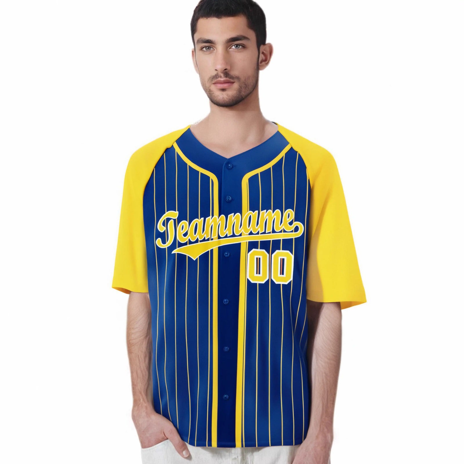 Custom Blue Yellow Pinstripe Yellow-White Authentic Raglan Sleeves Baseball Jersey