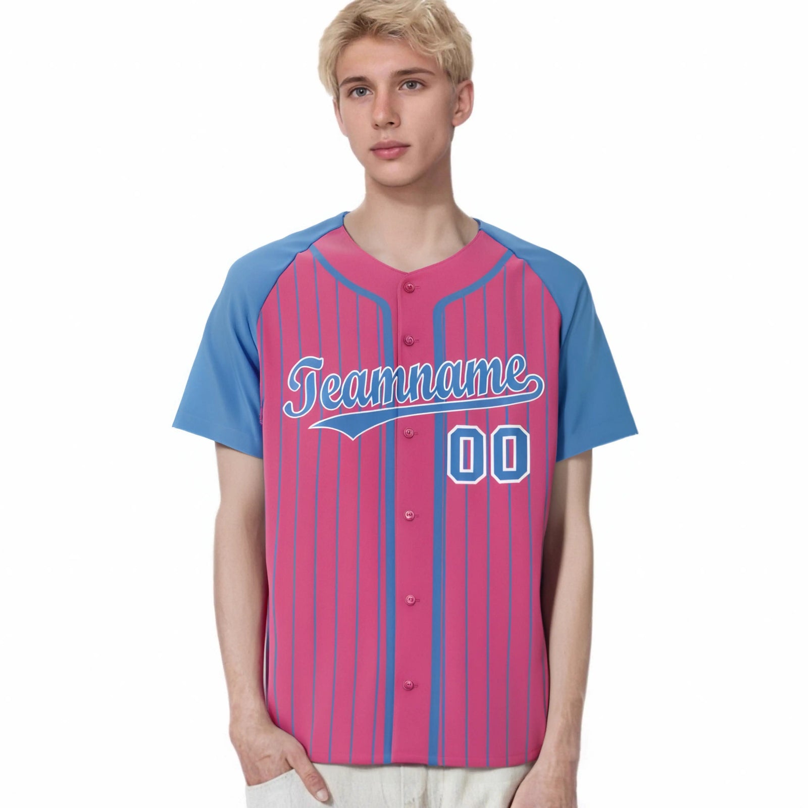 Custom Pink Powder Blue Pinstripe Powder-Blue White Authentic Raglan Sleeves Baseball Jersey
