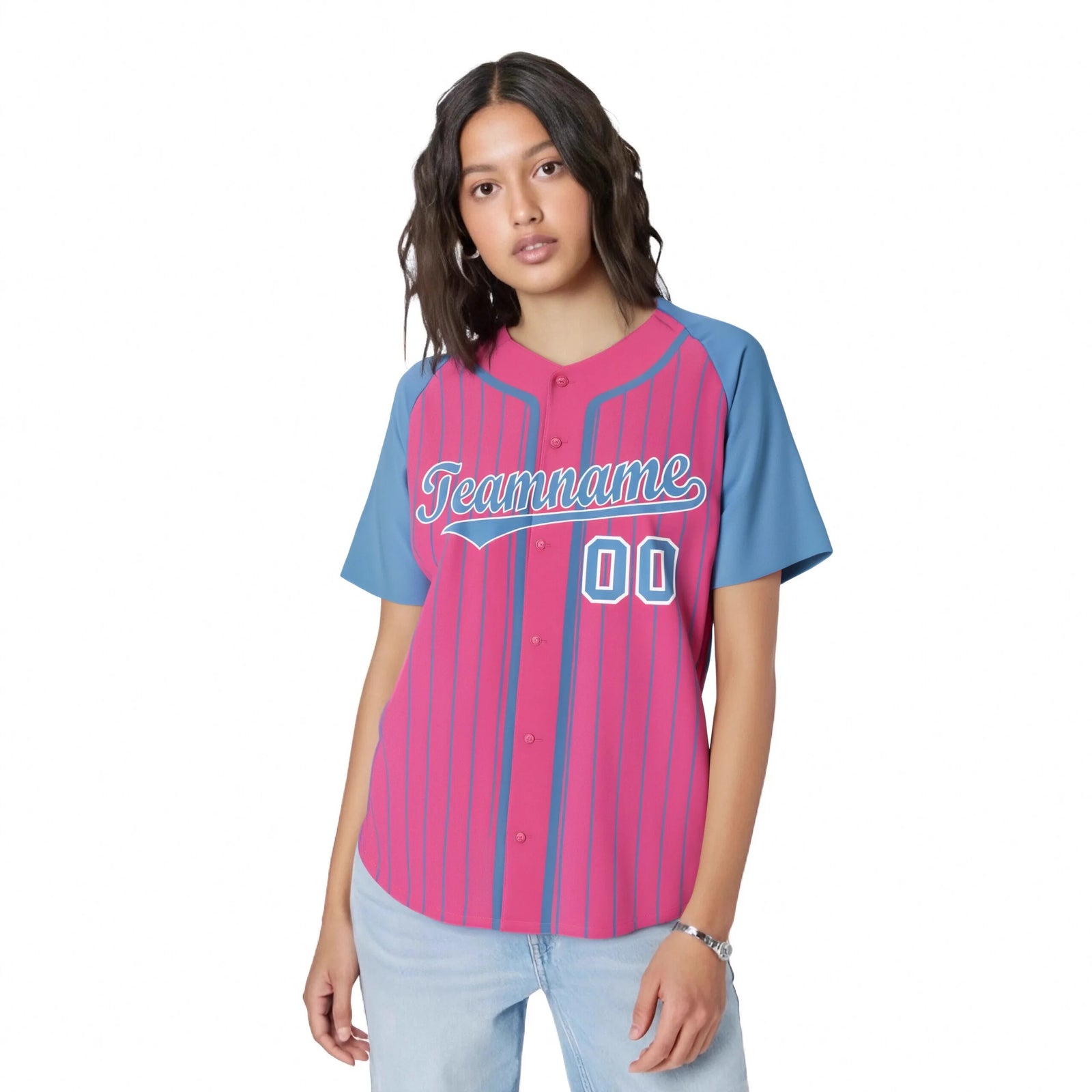 Custom Pink Powder Blue Pinstripe Powder-Blue White Authentic Raglan Sleeves Baseball Jersey