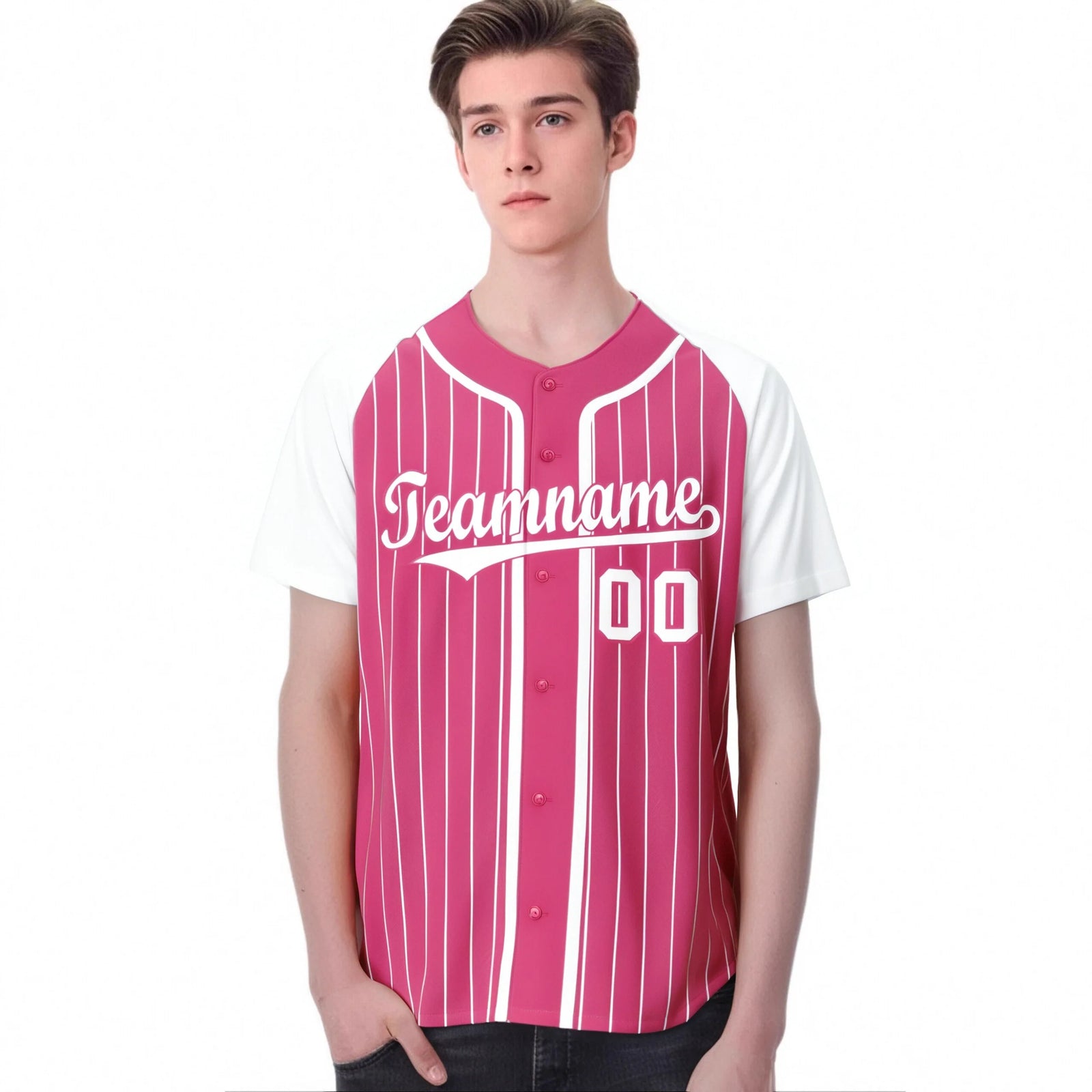 Custom Pink White Pinstripe Pink-White Authentic Raglan Sleeves Baseball Jersey