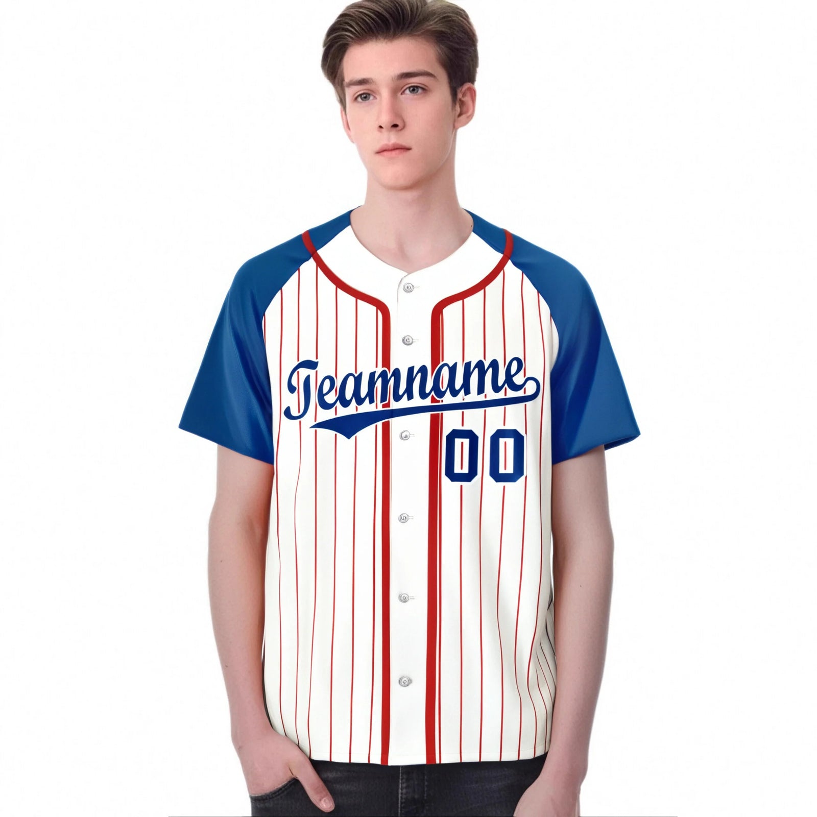 Custom White Blue Pinstripe Blue-Crimson Authentic Raglan Sleeves Baseball Jersey