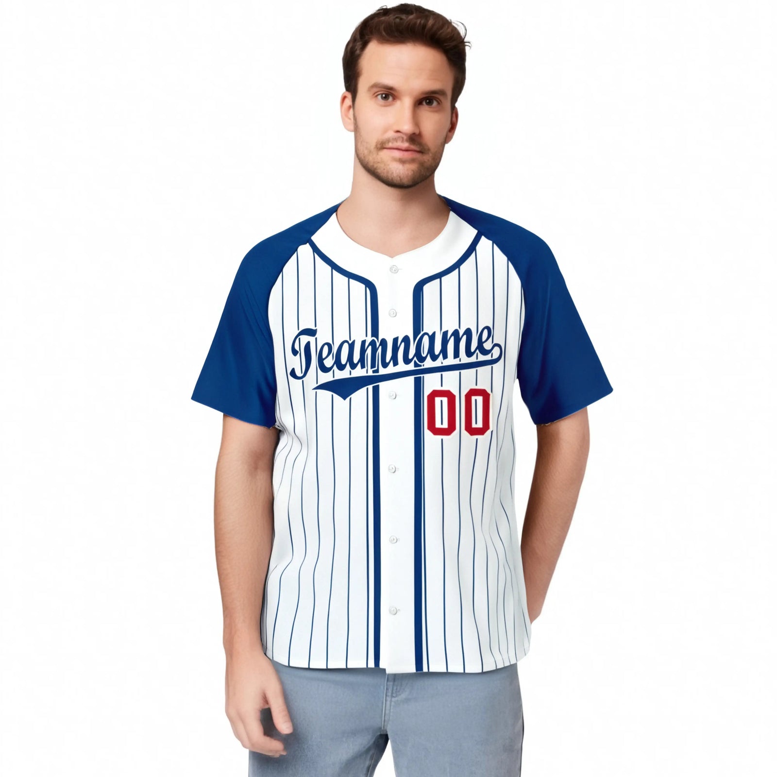 Custom White Blue Pinstripe Crimson-Blue Authentic Raglan Sleeves Baseball Jersey