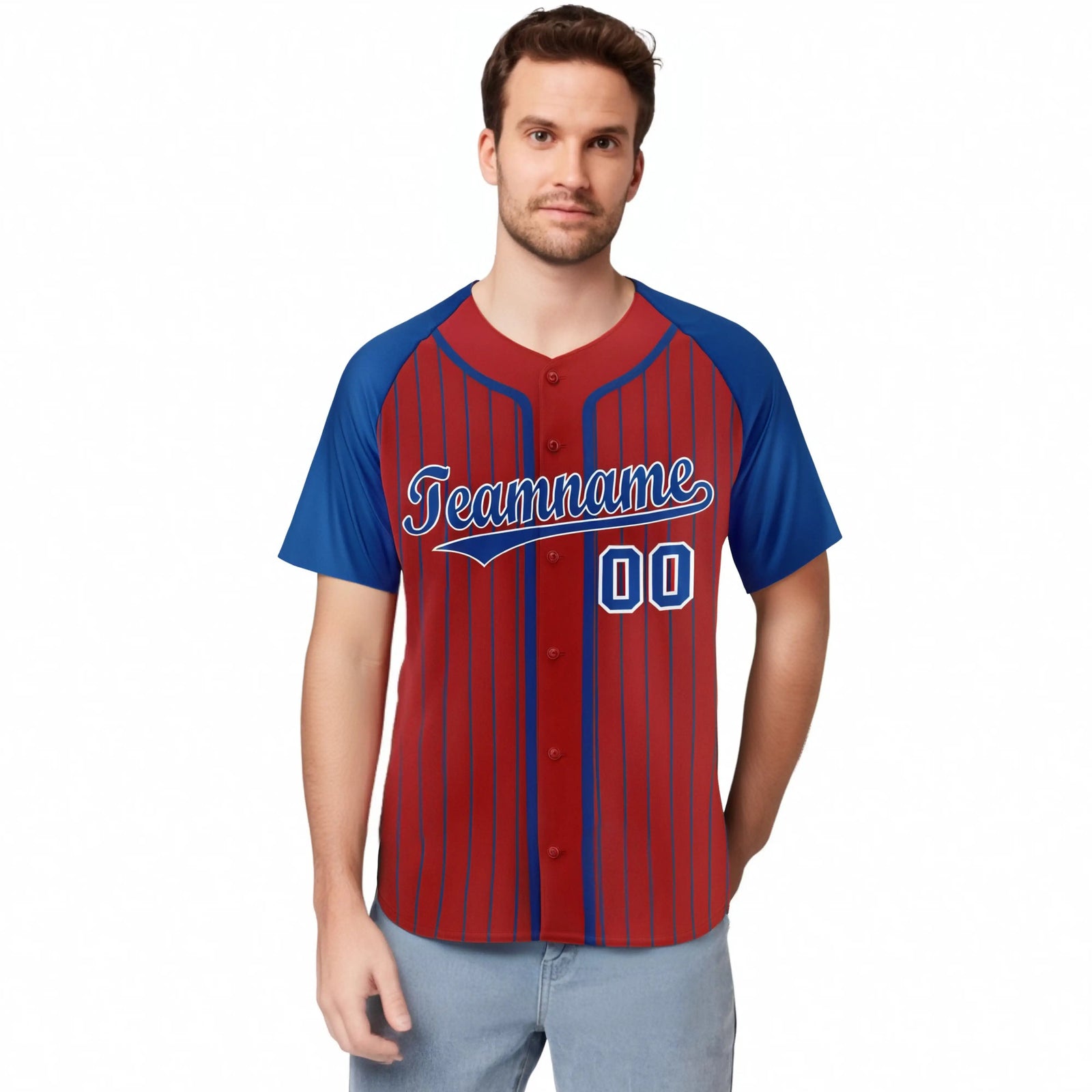 Custom Red Blue Pinstripe Blue-White Authentic Raglan Sleeves Baseball Jersey