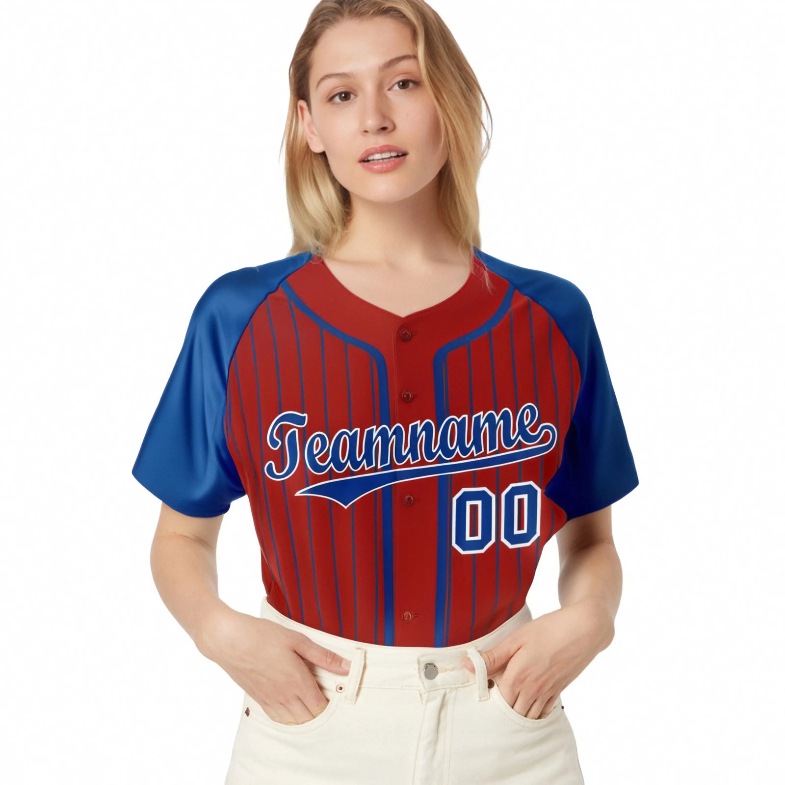 Custom Red Blue Pinstripe Blue-White Authentic Raglan Sleeves Baseball Jersey