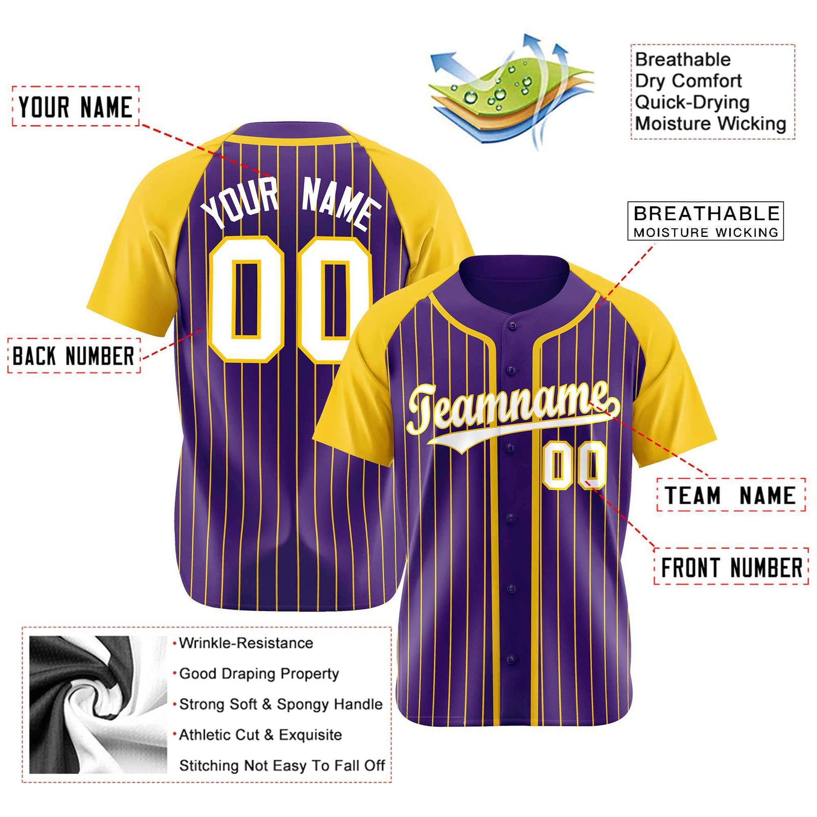 Custom Purple Yellow Pinstripe Yellow-White Authentic Raglan Sleeves Baseball Jersey