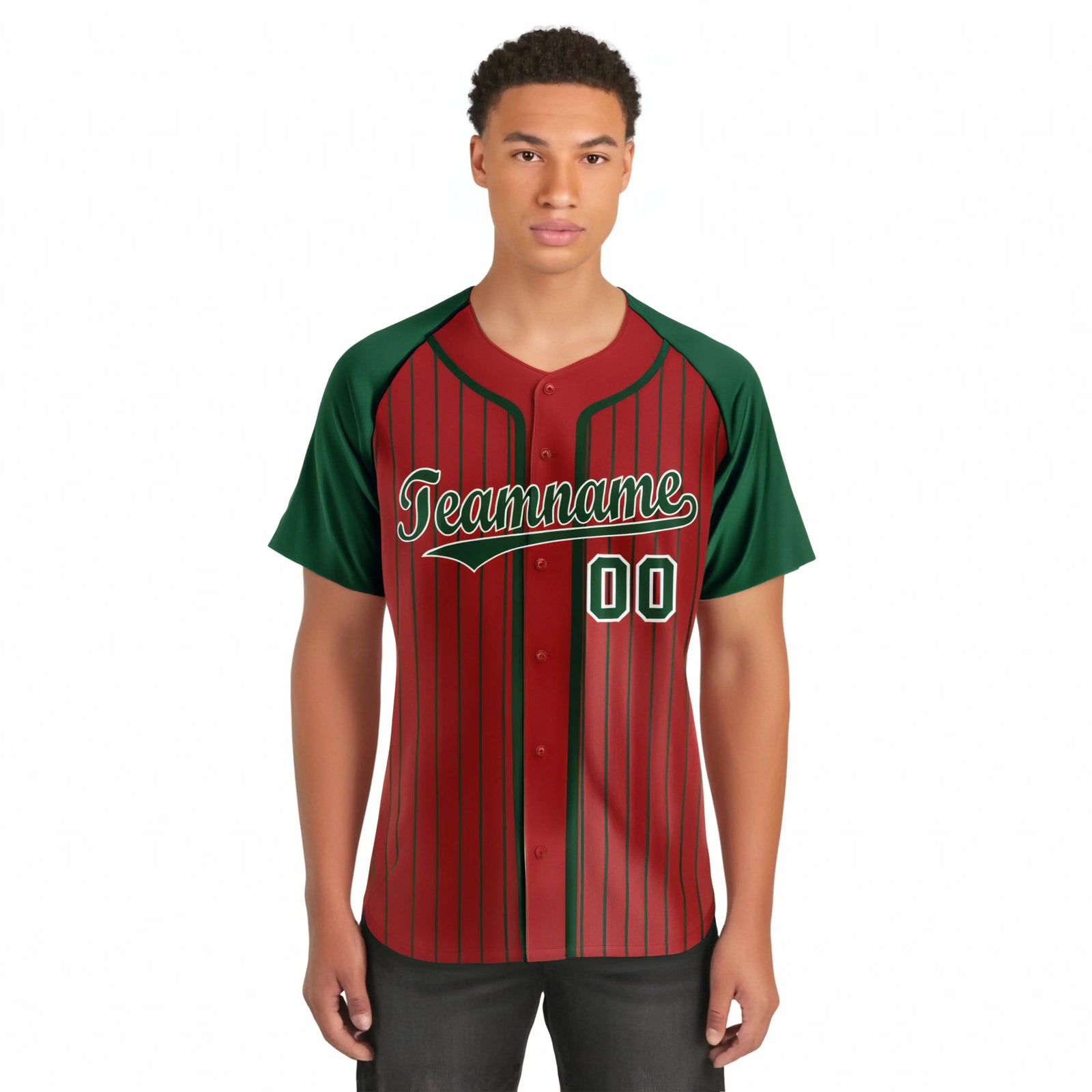 Custom Crimson Green Pinstripe Green-White Authentic Raglan Sleeves Baseball Jersey