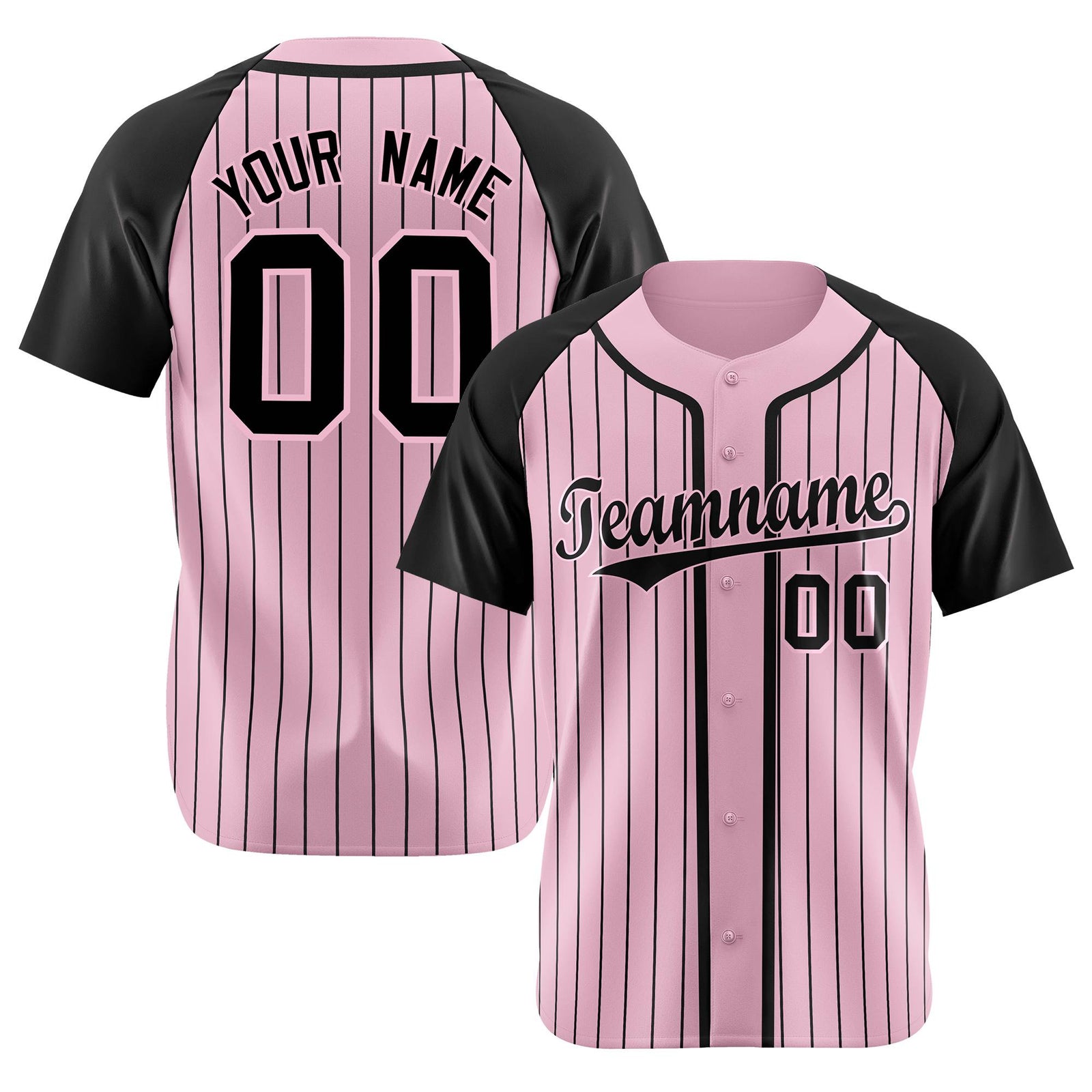 Custom Pink Black Pinstripe Pink-Black Authentic Raglan Sleeves Baseball Jersey