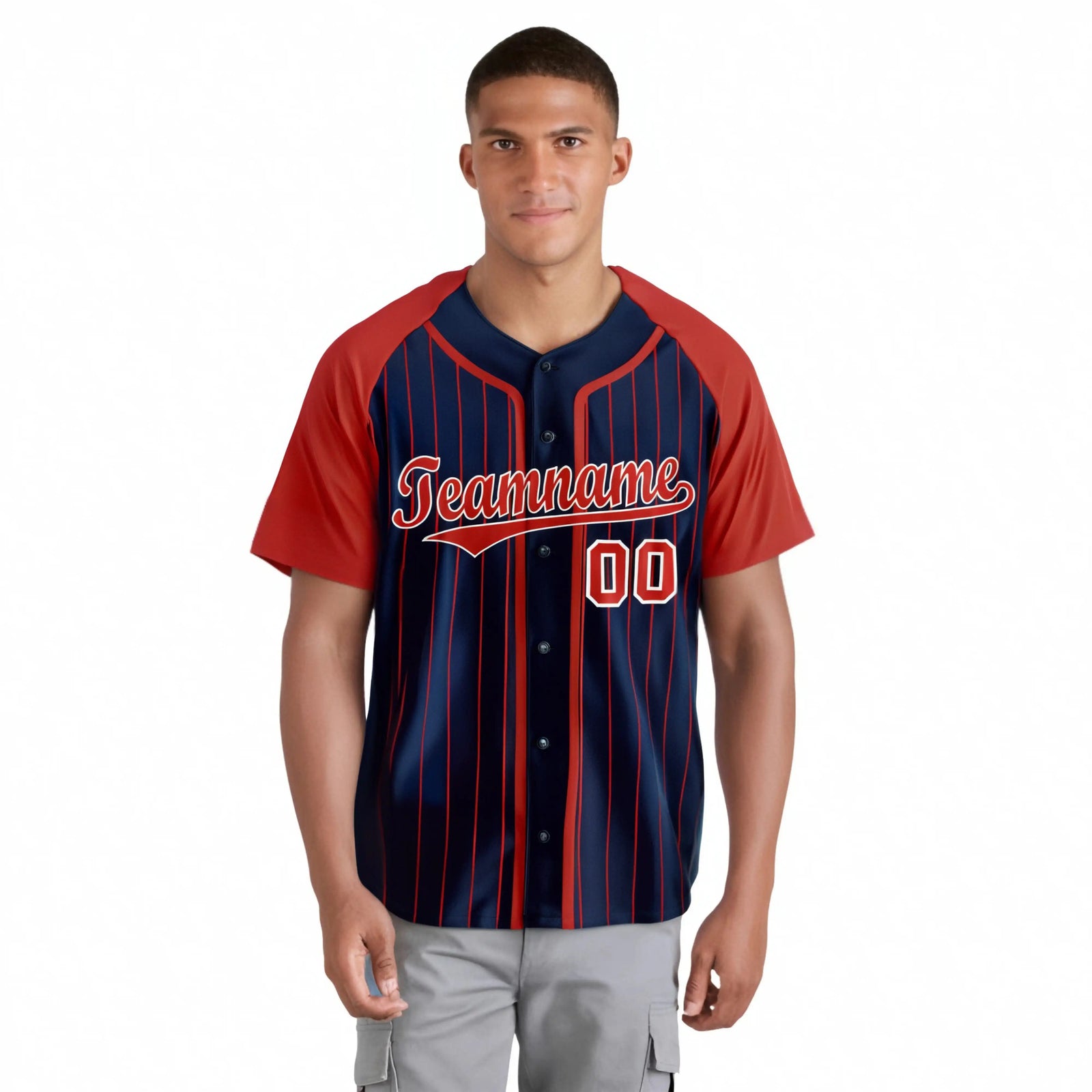 Custom Navy Red Pinstripe Red-White Authentic Raglan Sleeves Baseball Jersey