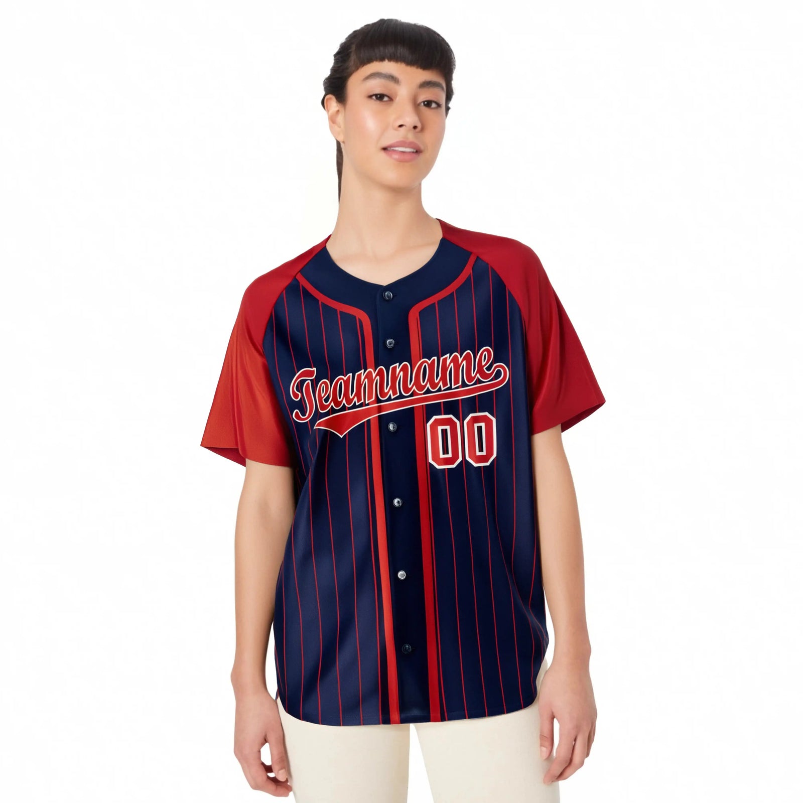 Custom Navy Red Pinstripe Red-White Authentic Raglan Sleeves Baseball Jersey