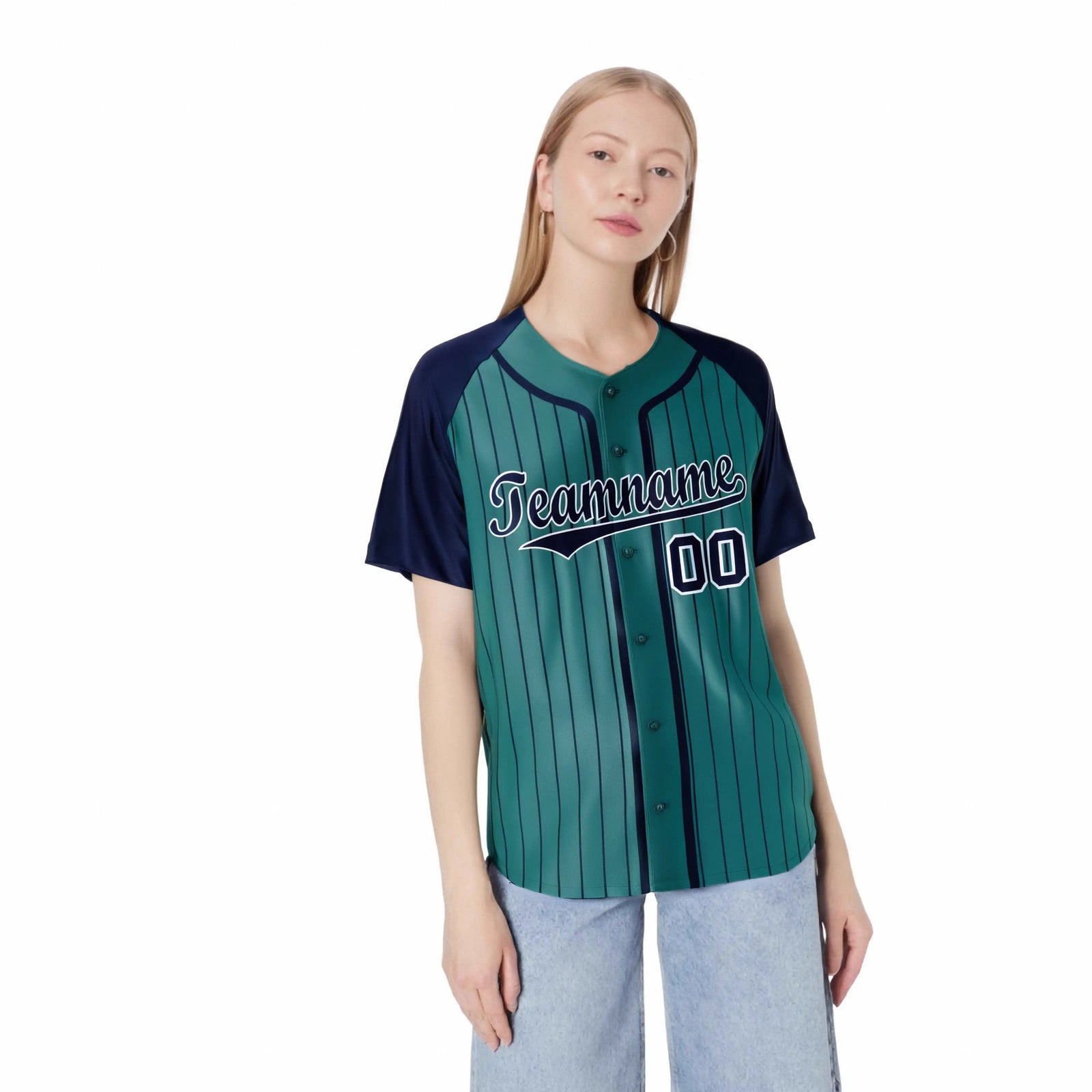 Custom Green Navy Pinstripe Navy-White Authentic Raglan Sleeves Baseball Jersey