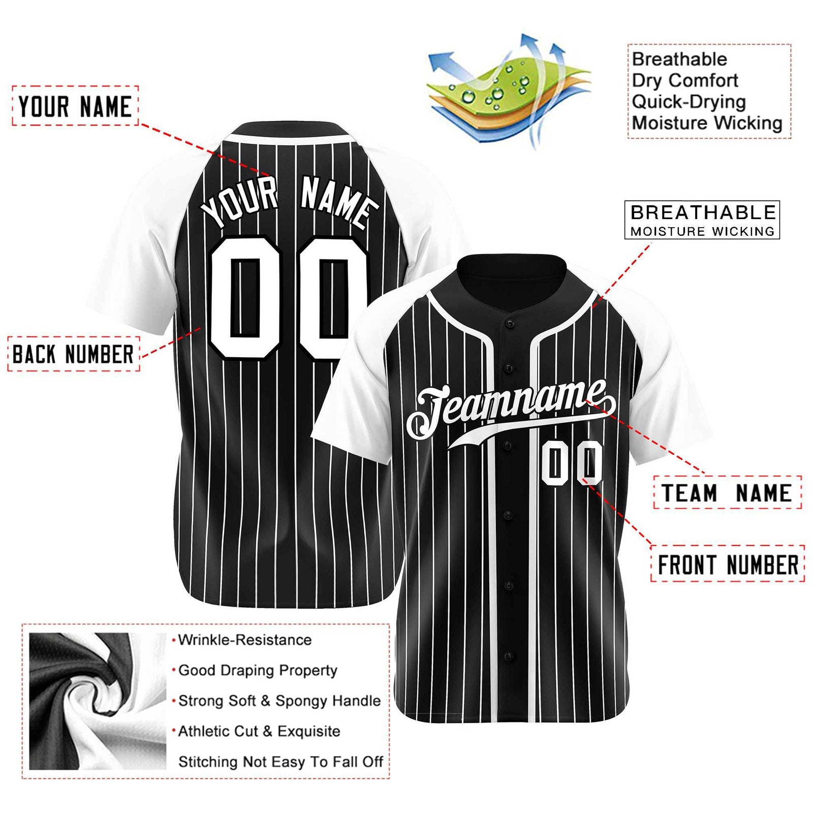 Custom Black White Pinstripe Gray-White Authentic Raglan Sleeves Baseball Jersey