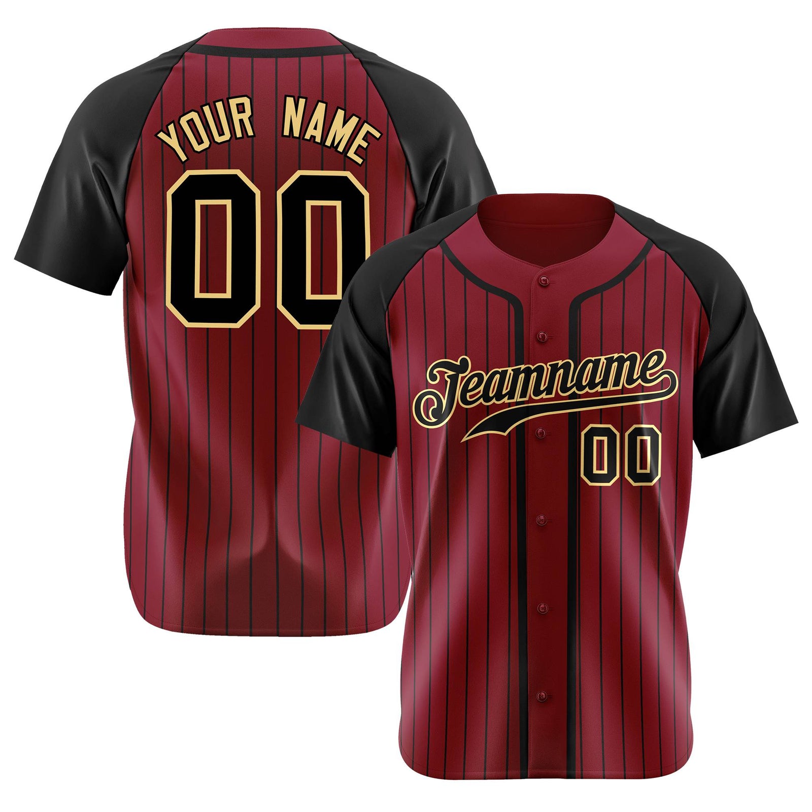 Custom Burgundy Black Pinstripe Black-Yellow Authentic Raglan Sleeves Baseball Jersey