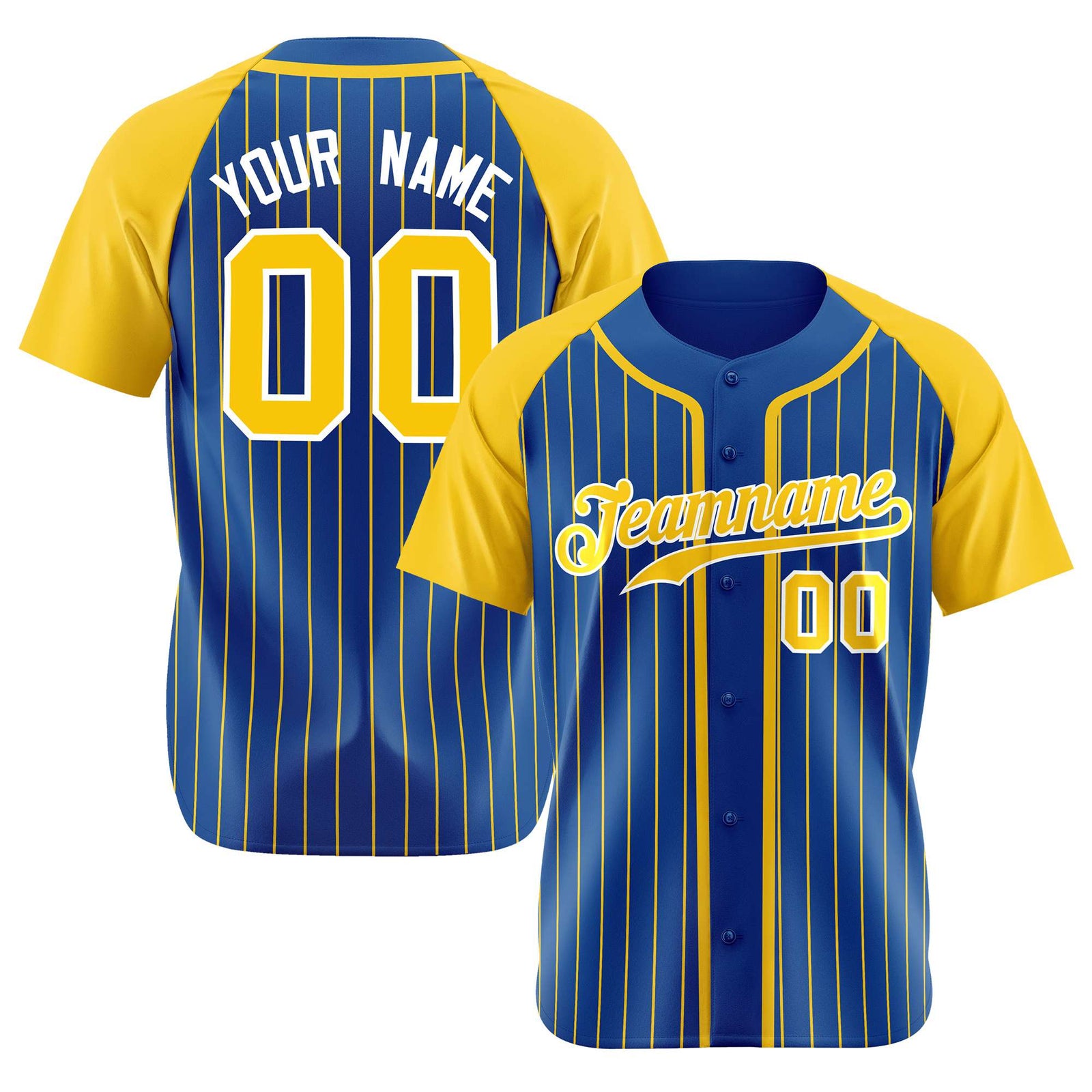 Custom Blue Yellow Pinstripe Yellow-White Authentic Raglan Sleeves Baseball Jersey